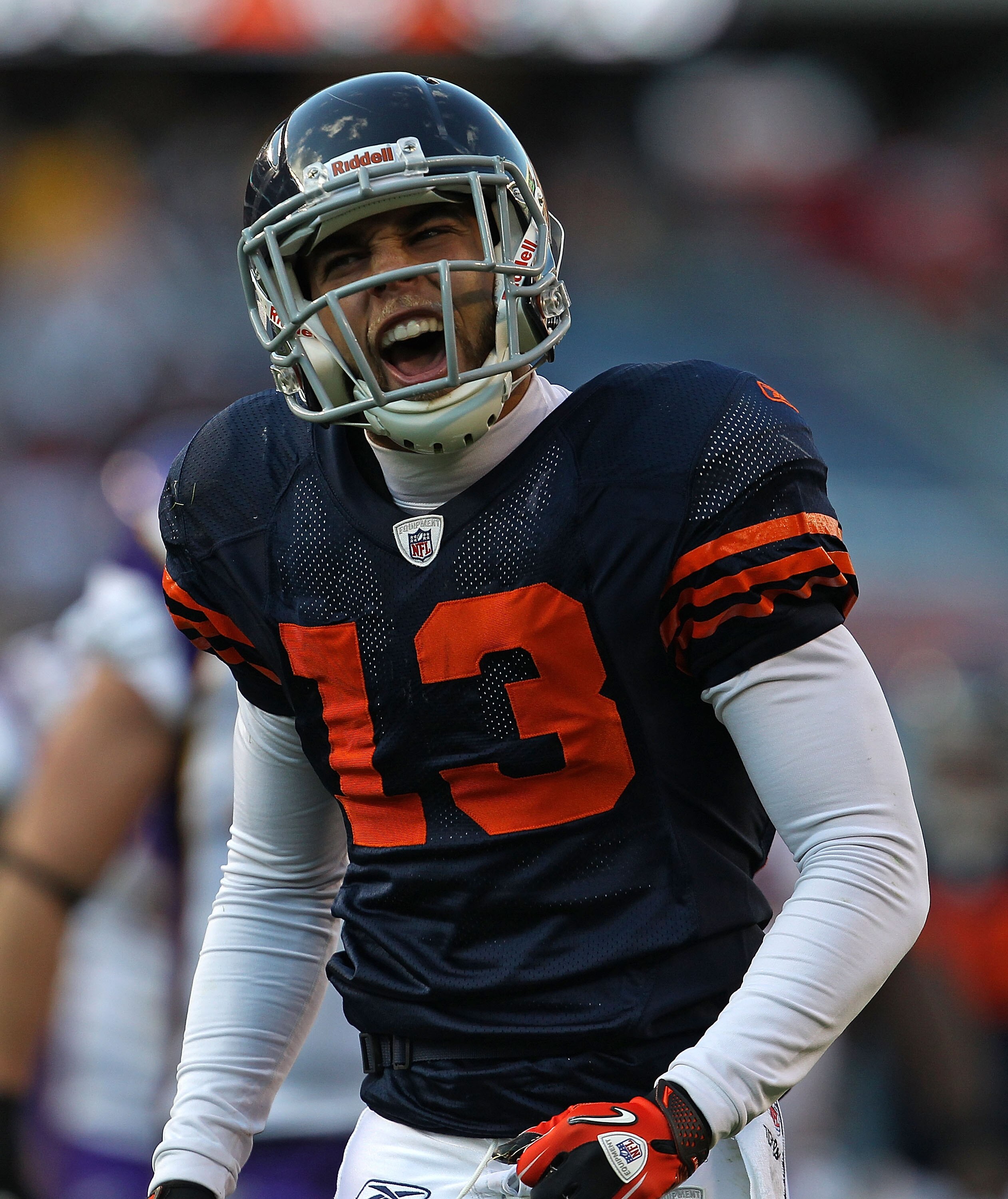 CHICAGO - NOVEMBER 14: Johnny Knox #13 of the Chicago Bears celebrates a first down catch against the Minnesota Vikings at Soldier Field on November 14, 2010 in Chicago, Illinois. The Bears defeated the Vikings 27-13. (Photo by Jonathan Daniel/Getty Image