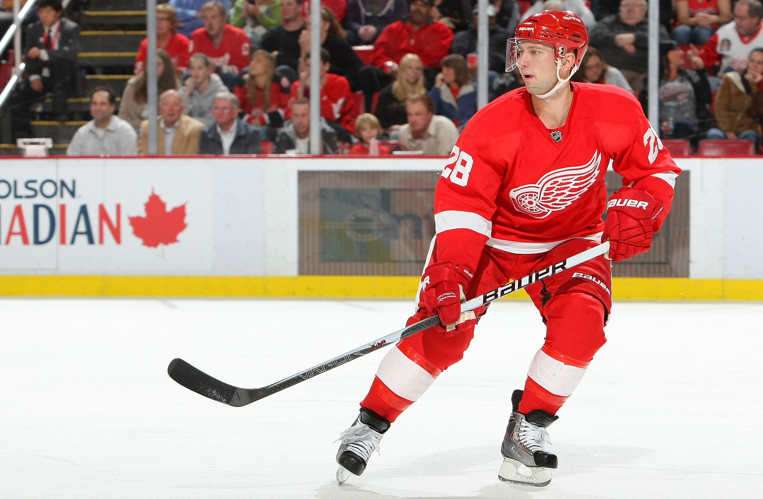 DETROIT - NOVEMBER 11:  Brian Rafalski #28 of the Detroit Red Wings skates against the Edmonton Oilers during their NHL game at Joe Louis Arena on November 11, 2010 in Detroit, Michigan.  (Photo by Dave Sandford/Getty Images)
