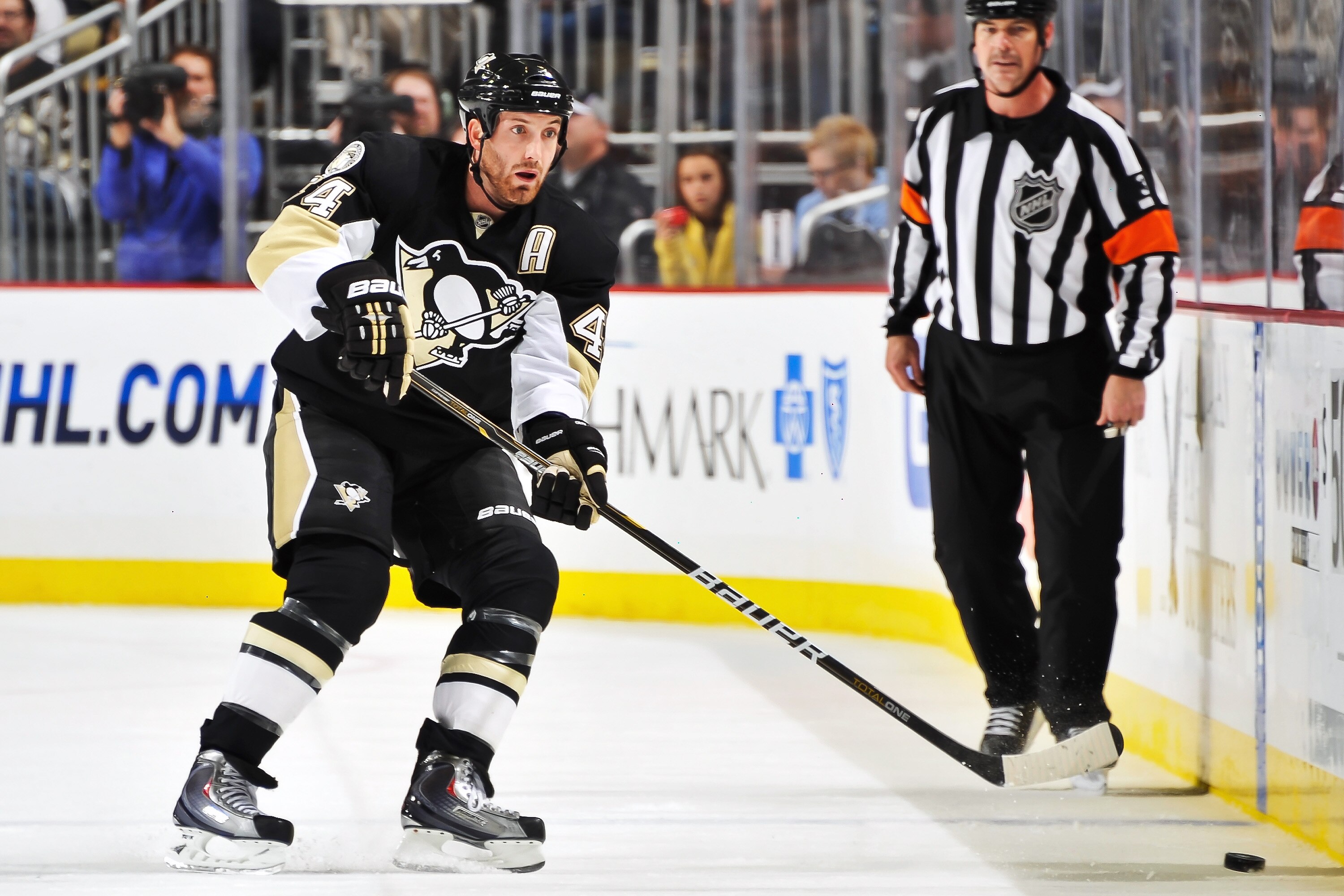 PITTSBURGH - NOVEMBER 19:  Brooks Orpik #44 of the Pittsburgh Penguins skates with the puck against the Carolina Hurricanes on November 19, 2010 at Consol Energy Center in Pittsburgh, Pennsylvania.  (Photo by Jamie Sabau/Getty Images)