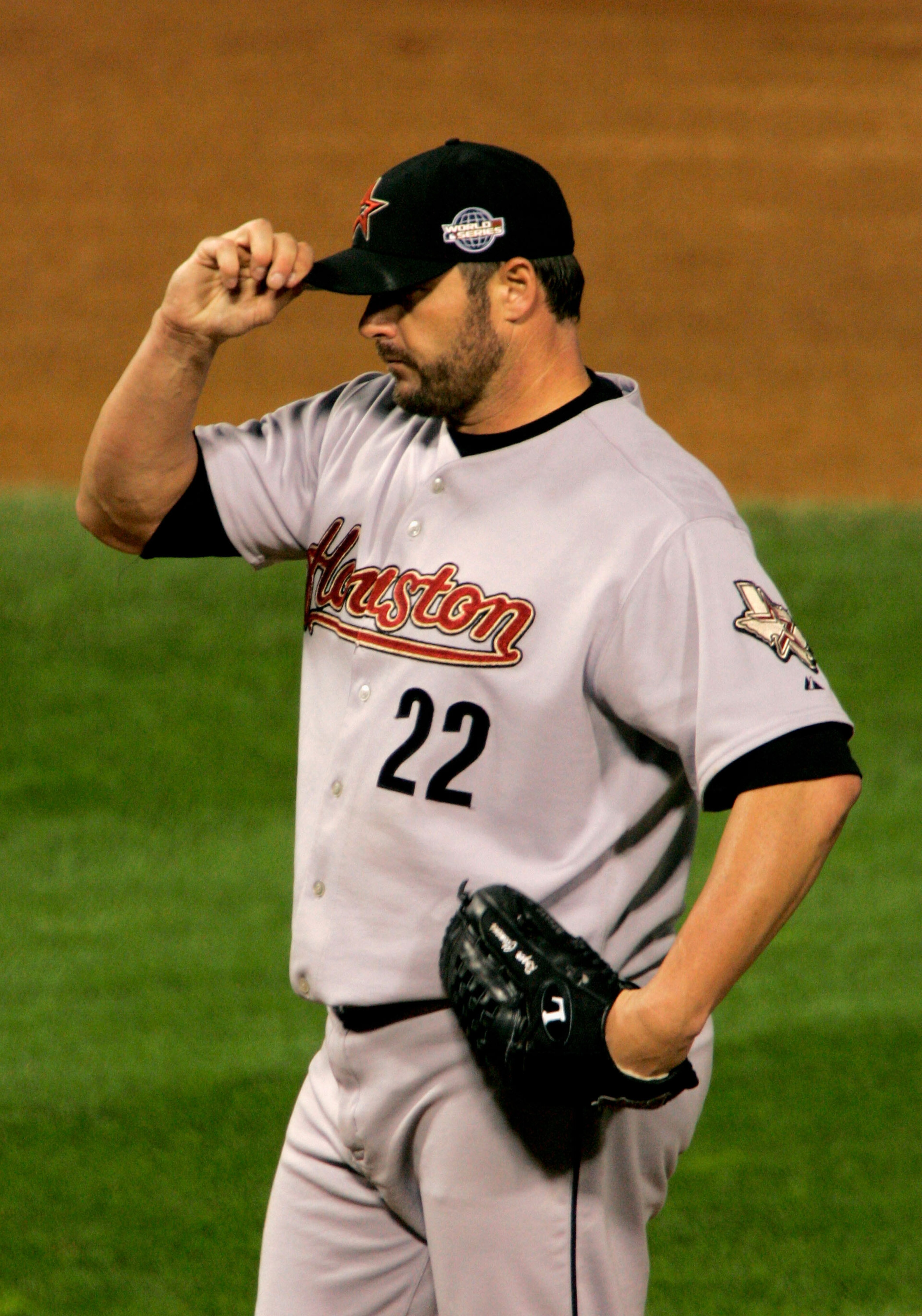 CHICAGO - OCTOBER 22:  Pitcher Roger Clemens #22 of the Houston Astros reacts on the mound against the Chicago White Sox in Game One of the 2005 Major League Baseball World Series at U.S. Celluar Field on October 22, 2005 in Chicago, Illinois.  (Photo by