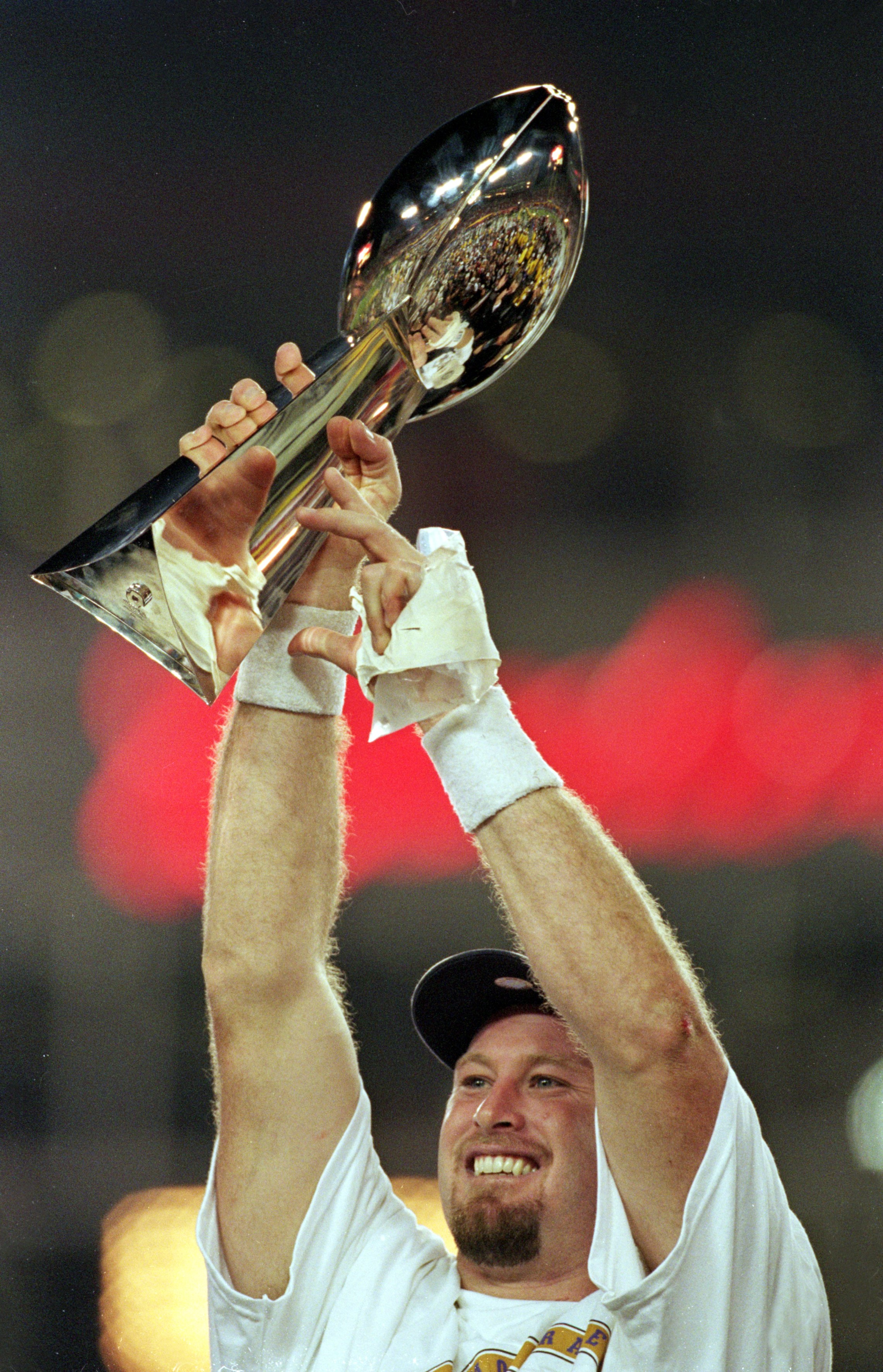 28 Jan 2001: Trent Dilfer #8 of the Baltimore Ravens holds up the Lombardi Trophy after the Super Bowl XXXV Game against the New York Giants at the Raymond James Stadium in Tampa, Florida. The Ravens defeated the Giants 34-7.Mandatory Credit: Andy Lyons 28 Jan 2001: Trent Dilfer #8 of the Baltimore Ravens holds up the Lombardi Trophy after the Super Bowl XXXV Game against the New York Giants at the Raymond James Stadium in Tampa, Florida. The Ravens defeated the Giants 34-7.Mandatory Credit: Andy Lyons