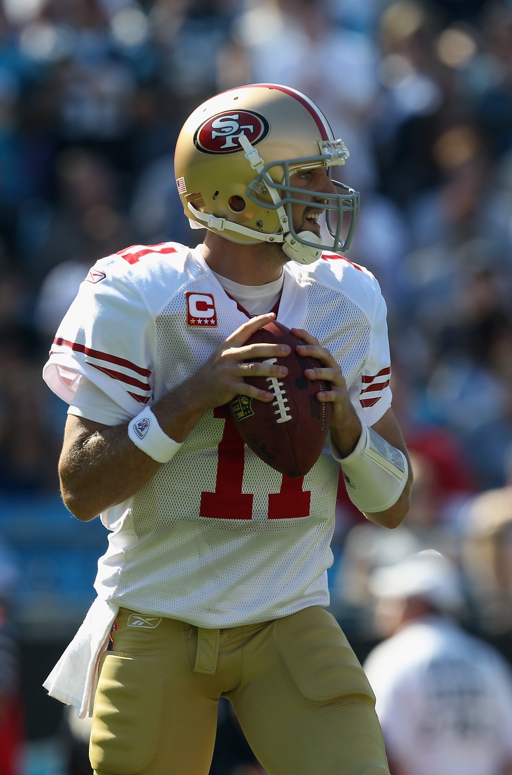 CHARLOTTE, NC - OCTOBER 24:  Alex Smith #11 of the San Francisco 49ers against the Carolina Panthers during their game at Bank of America Stadium on October 24, 2010 in Charlotte, North Carolina.  (Photo by Streeter Lecka/Getty Images)