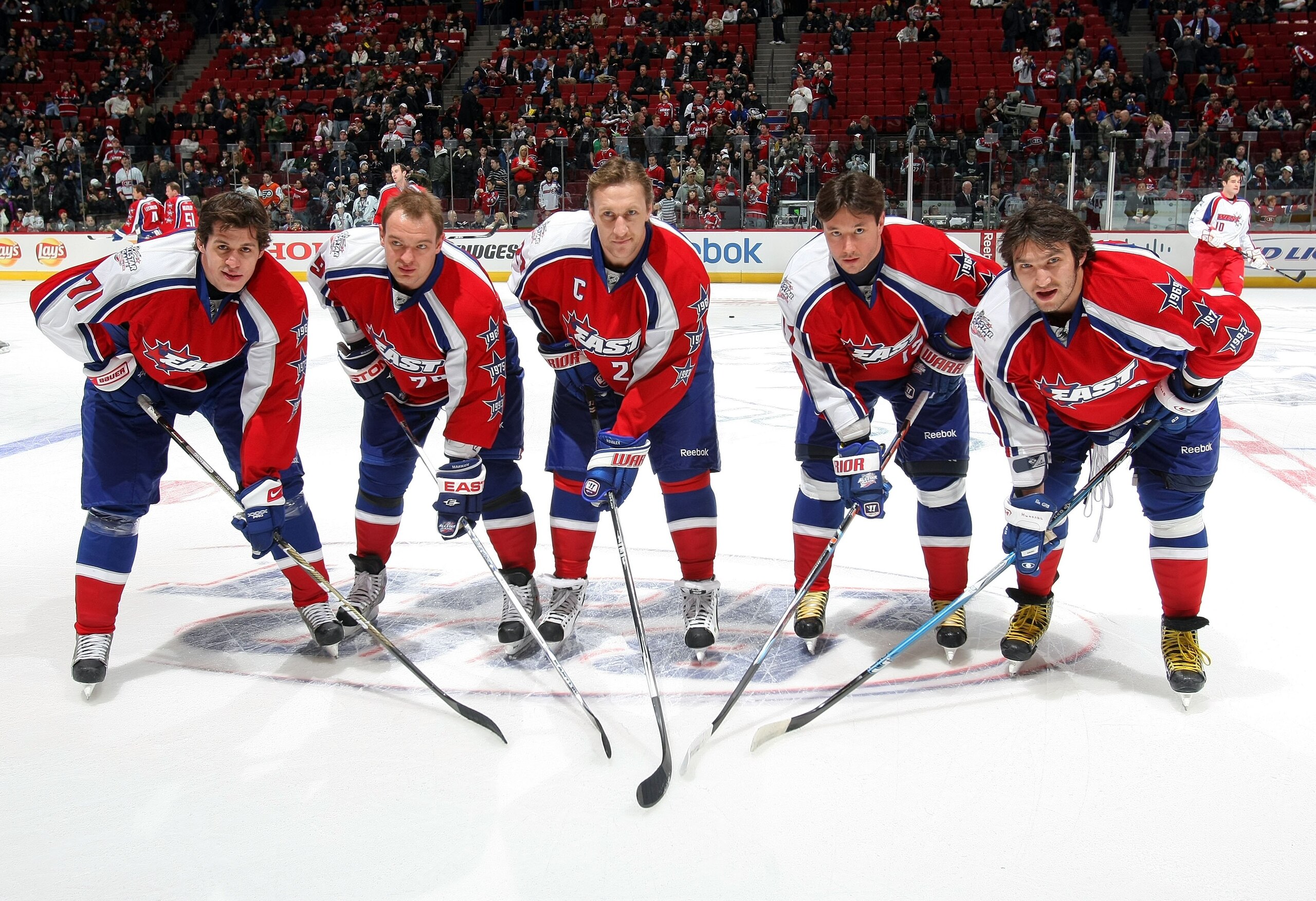 MONTREAL - JANUARY 25: Evgeni Malkin #71, Andrei Markov #79 , Alex Kovalev #27, Ilya Kovalchuk #17 and Alex Ovechkin #8 of the Eastern Conference All-Stars pose for a photo during the 2009 NHL All-Star game at the Bell Centre on January 25, 2009 in Montr MONTREAL - JANUARY 25: Evgeni Malkin #71, Andrei Markov #79 , Alex Kovalev #27, Ilya Kovalchuk #17 and Alex Ovechkin #8 of the Eastern Conference All-Stars pose for a photo during the 2009 NHL All-Star game at the Bell Centre on January 25, 2009 in Montr