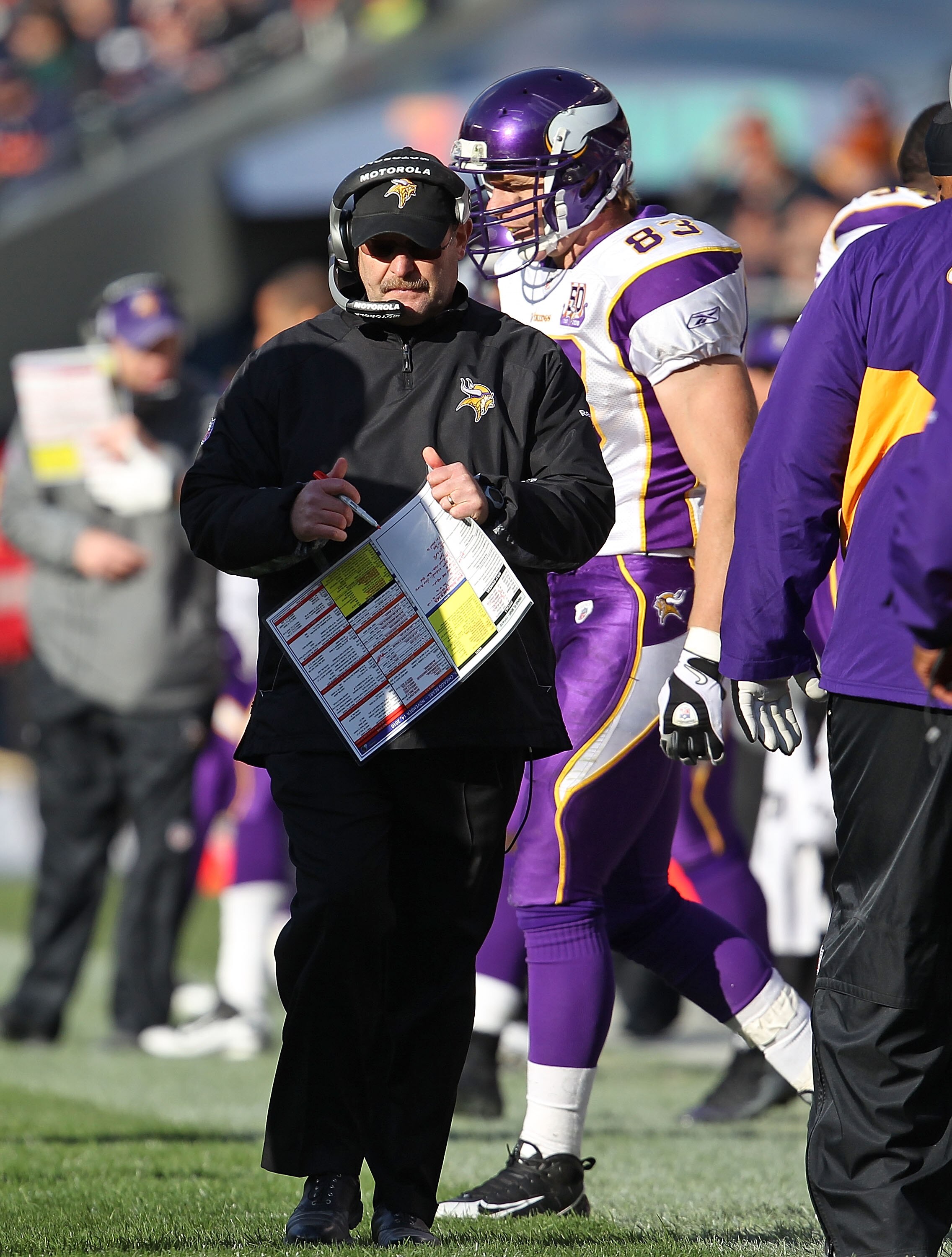 CHICAGO - NOVEMBER 14: Head coach Brad Childress of the Minnesota Vikings watches as his team takes on the Chicago Bears at Soldier Field on November 14, 2010 in Chicago, Illinois. The Bears defeated the Vikings 27-13. (Photo by Jonathan Daniel/Getty Imag