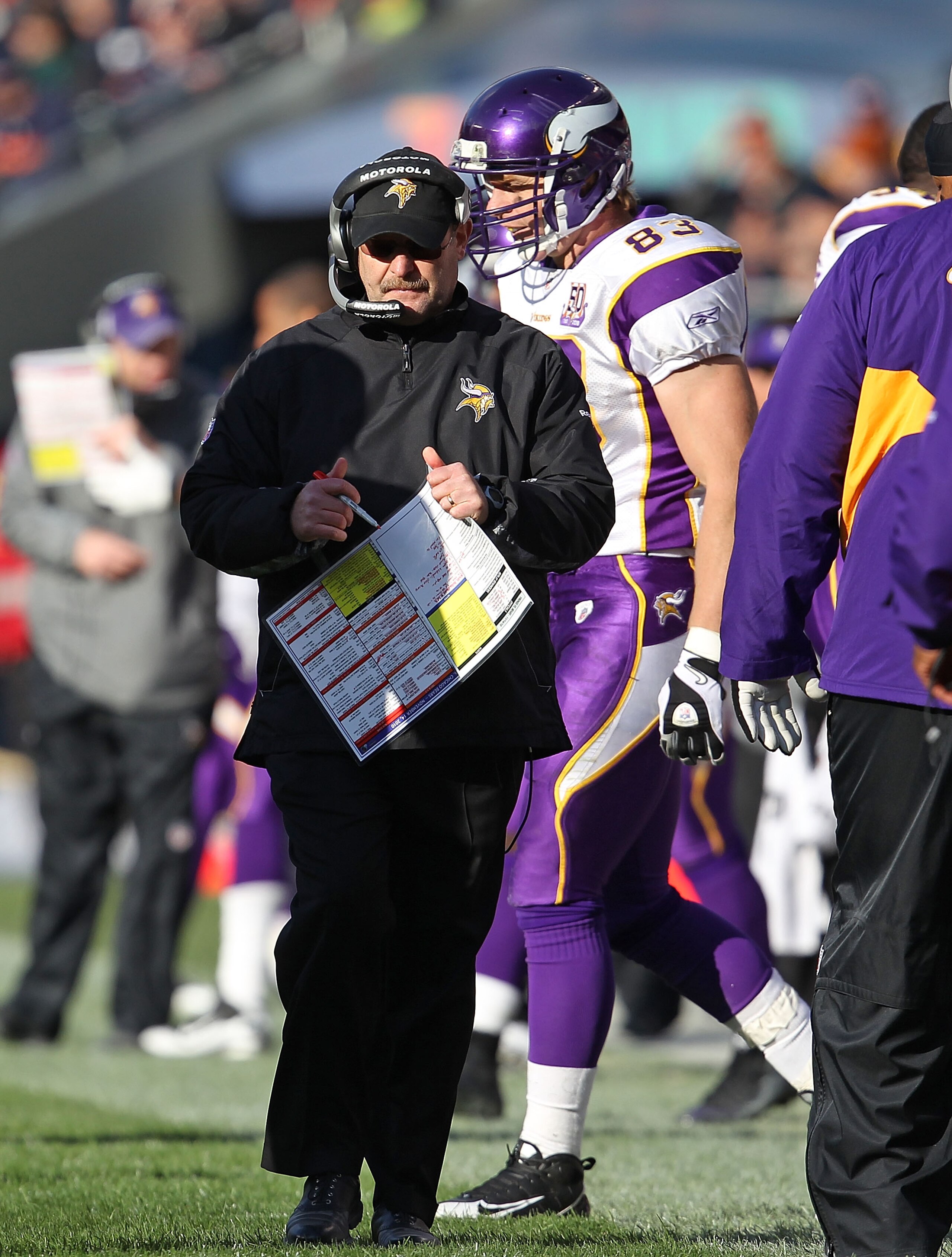 CHICAGO - NOVEMBER 14: Head coach Brad Childress of the Minnesota Vikings watches as his team takes on the Chicago Bears at Soldier Field on November 14, 2010 in Chicago, Illinois. The Bears defeated the Vikings 27-13. (Photo by Jonathan Daniel/Getty Imag CHICAGO - NOVEMBER 14: Head coach Brad Childress of the Minnesota Vikings watches as his team takes on the Chicago Bears at Soldier Field on November 14, 2010 in Chicago, Illinois. The Bears defeated the Vikings 27-13. (Photo by Jonathan Daniel/Getty Imag