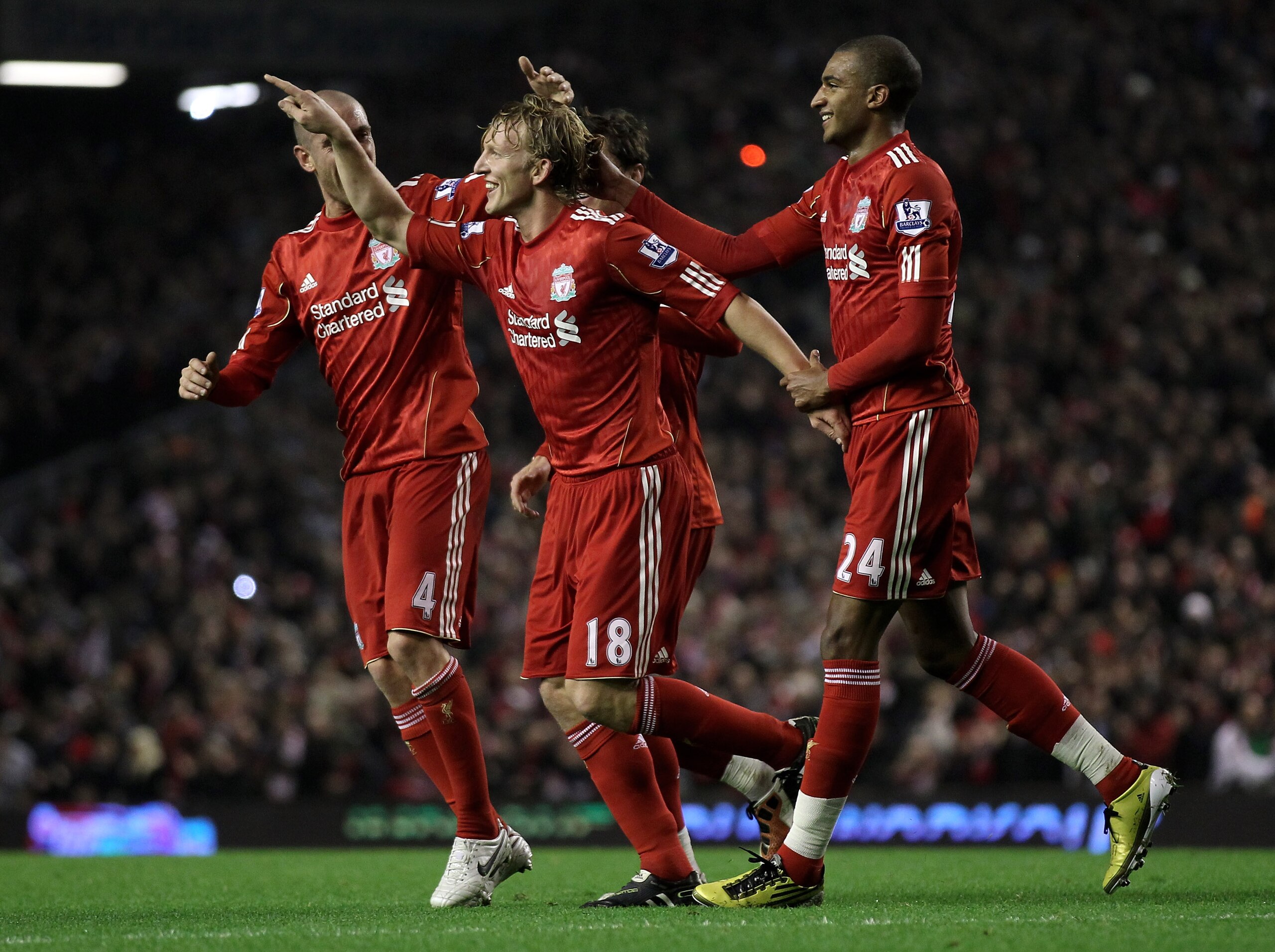 LIVERPOOL, ENGLAND - NOVEMBER 20: Dirk Kuyt of Liverpool celebrates scoring his team's second goal with team mate David Ngog (R) during the Barclays Premier League match between Liverpool and West Ham United at Anfield on November 20, 2010 in Liverpool, LIVERPOOL, ENGLAND - NOVEMBER 20: Dirk Kuyt of Liverpool celebrates scoring his team's second goal with team mate David Ngog (R) during the Barclays Premier League match between Liverpool and West Ham United at Anfield on November 20, 2010 in Liverpool,