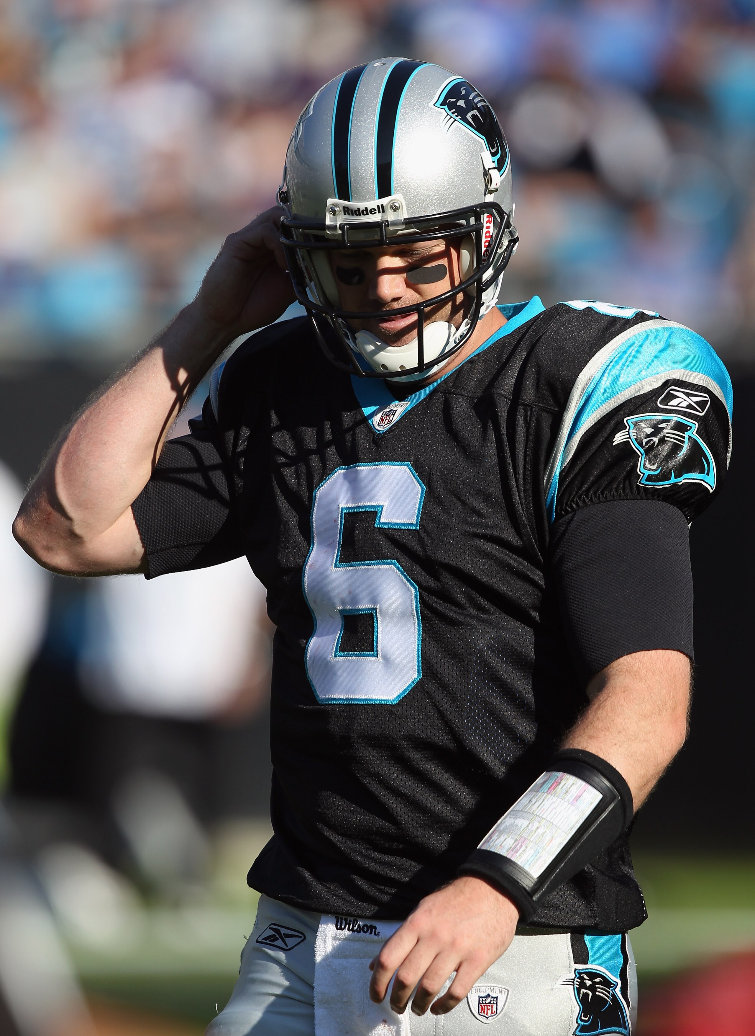 CHARLOTTE, NC - NOVEMBER 21:  Brian St. Pierre #6 of the Carolina Panthers reacts as he walks off the field against the Baltimore Ravens at Bank of America Stadium on November 21, 2010 in Charlotte, North Carolina.  (Photo by Streeter Lecka/Getty Images)