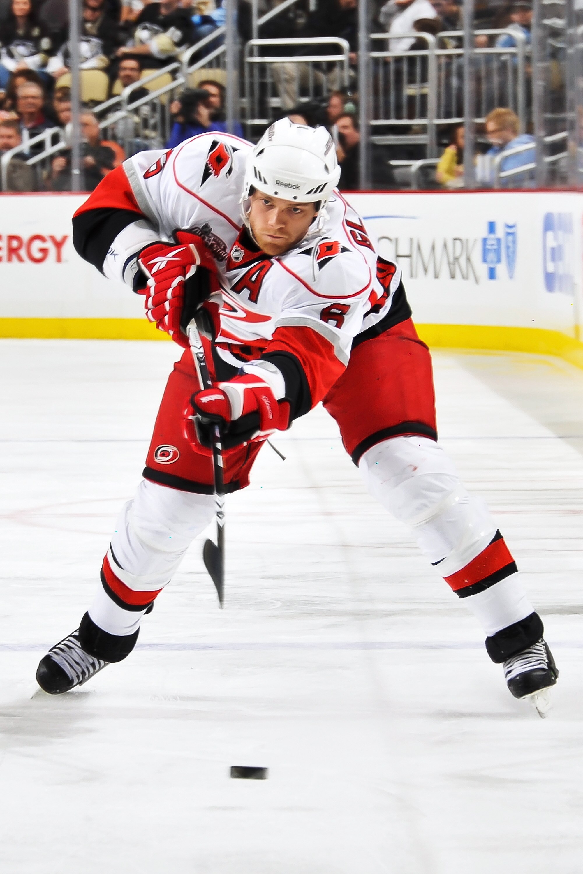 PITTSBURGH - NOVEMBER 19:  Tim Gleason #6 of the Carolina Hurricanes skates with the puck against the Pittsburgh Penguins on November 19, 2010 at Consol Energy Center in Pittsburgh, Pennsylvania.  (Photo by Jamie Sabau/Getty Images)