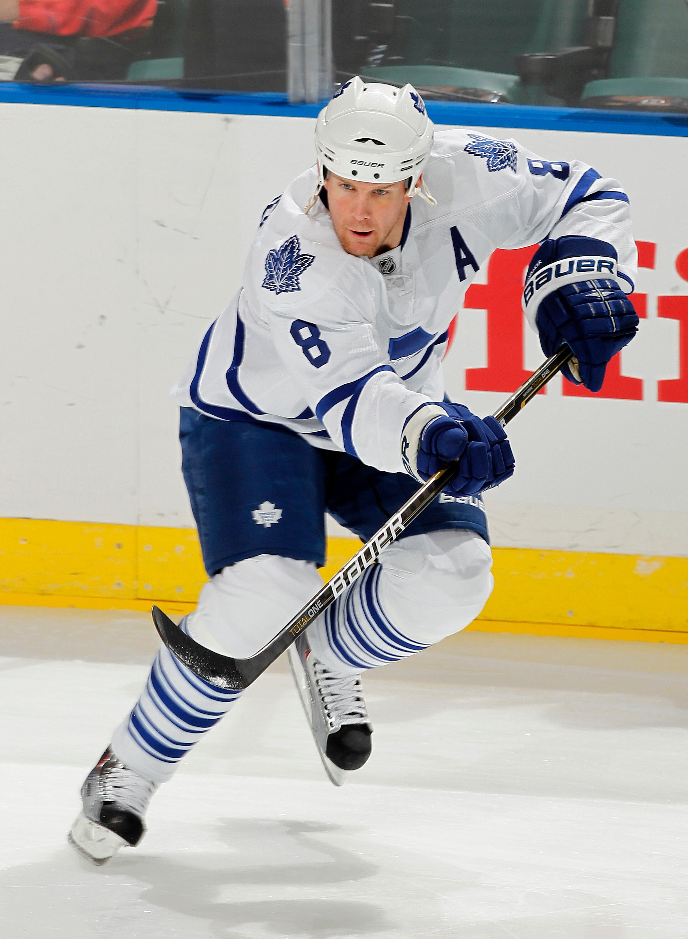 SUNRISE, FL - NOVEMBER 10: Mike Komisarek #8 of the Toronto Maple Leafs warms up prior to the game against the Florida Panthers on November 10, 2010 at the BankAtlantic Center in Sunrise, Florida. (Photo by Joel Auerbach/Getty Images)