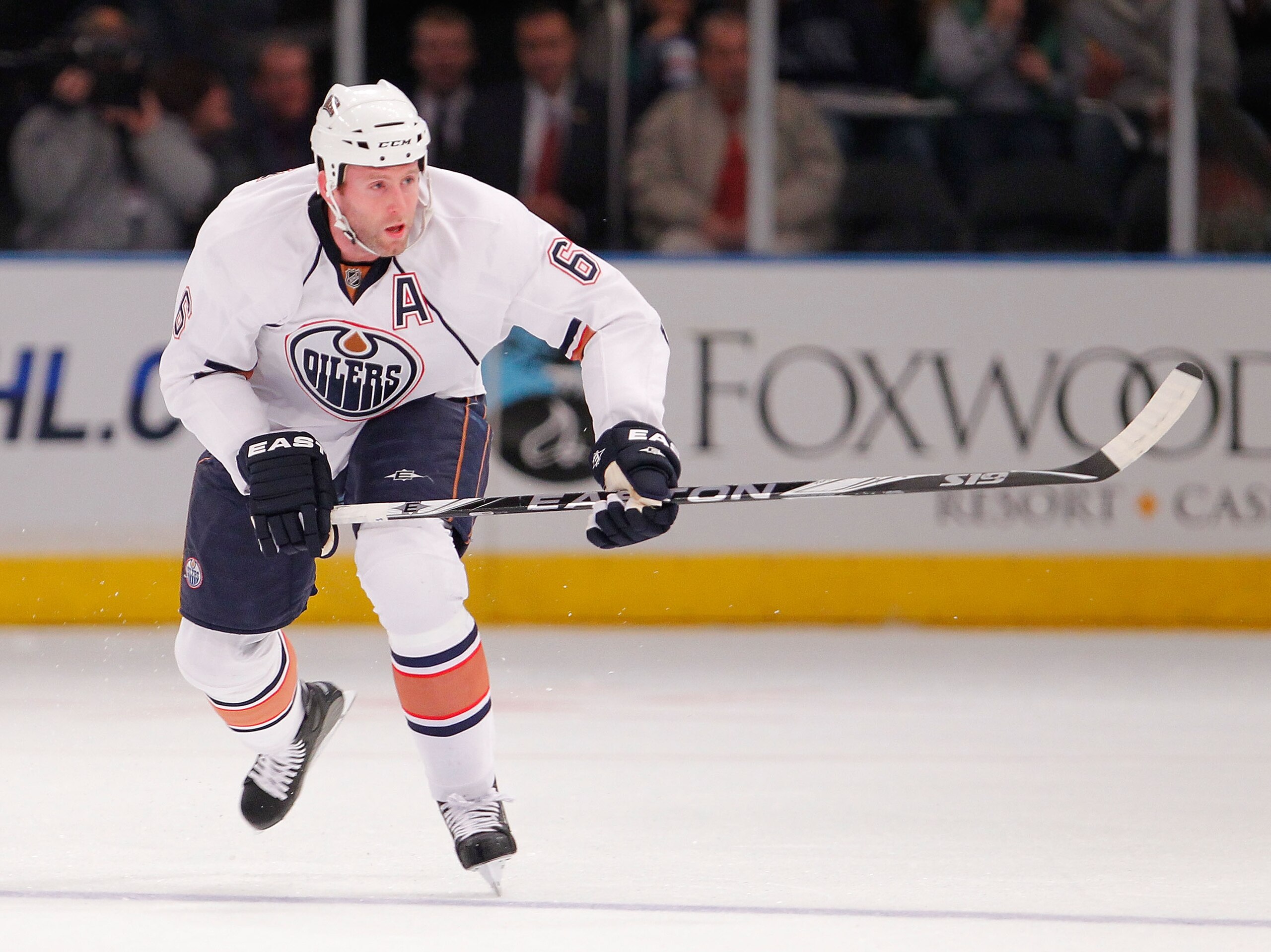 NEW YORK - NOVEMBER 14:  Ryan Whitney #6 of the Edmonton Oilers skates up ice during a hockey game  against the New York Rangers at Madison Square Garden on November 14, 2010 in New York City.  (Photo by Paul Bereswill/Getty Images)