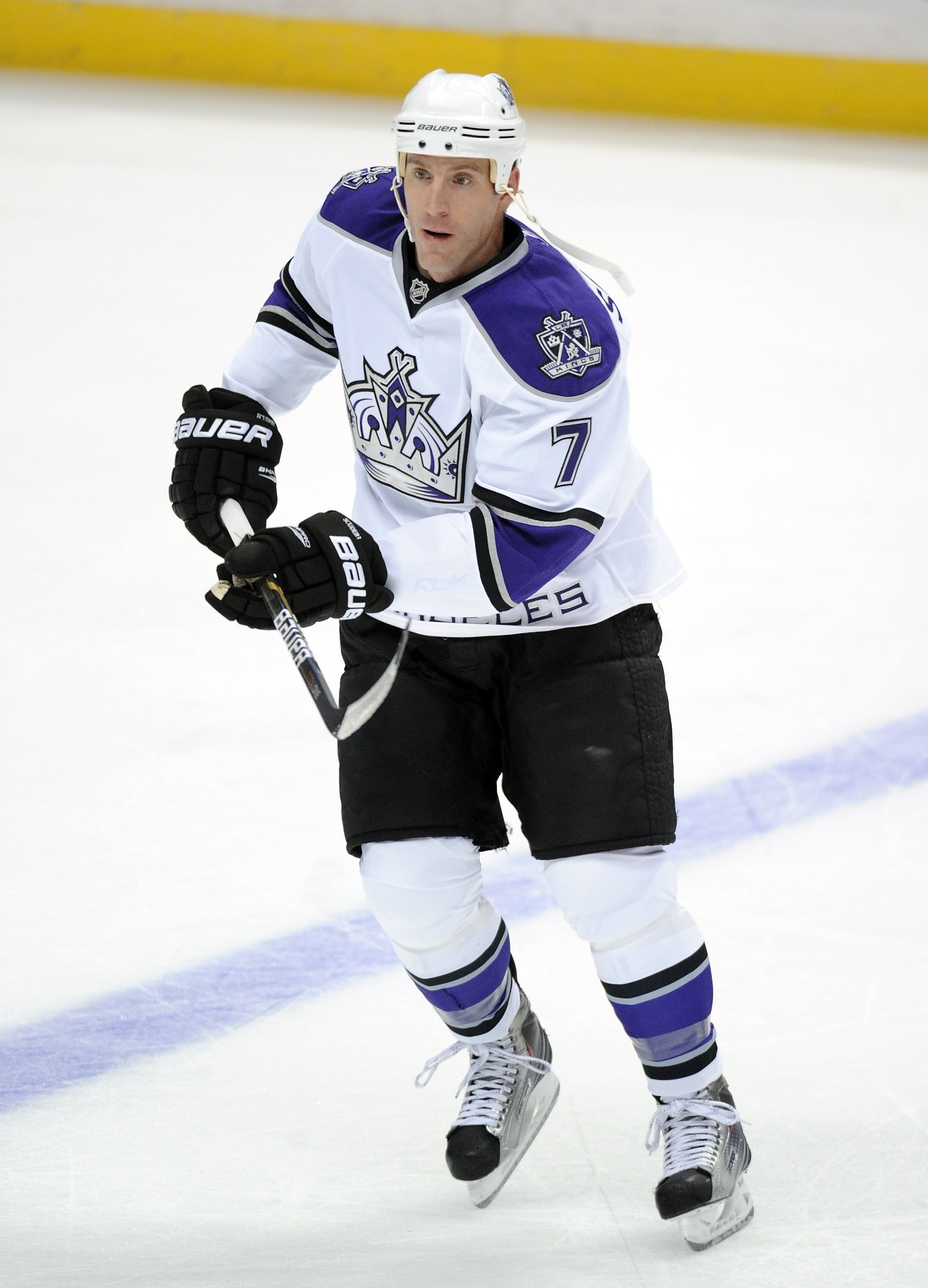 ANAHEIM, CA - OCTOBER 03:  Rob Scuderi #7 of the Los Angeles Kings warms up before the game against the Anaheim Ducks at Honda Center on October 3, 2010 in Anaheim, California.  (Photo by Harry How/Getty Images)