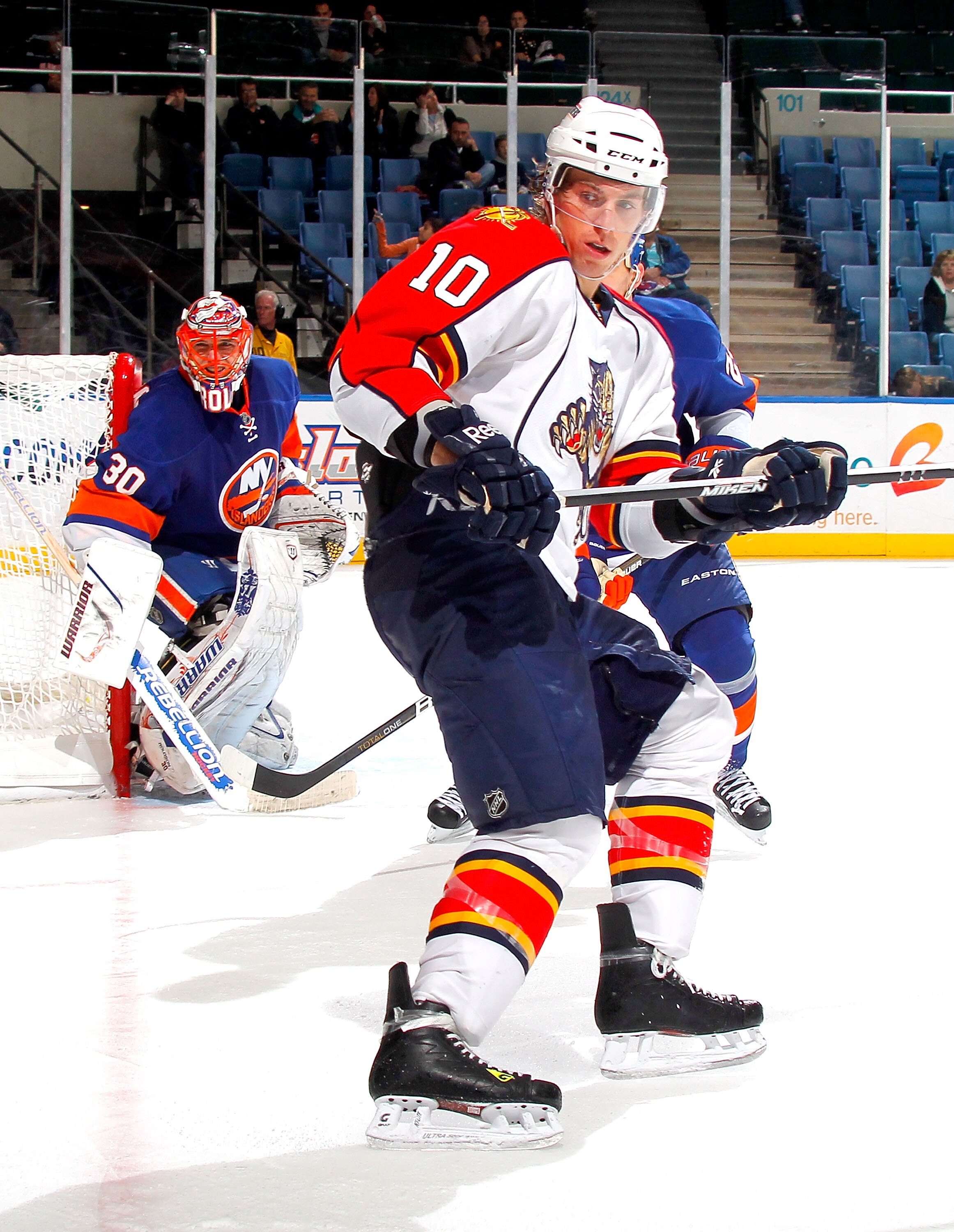 UNIONDALE, NY - NOVEMBER 20:  David Booth #10 of the Florida Panthers skates into position during a hockey game against the New York Islanders at the Nassau Coliseum on November 20, 2010 in Uniondale, New York.  (Photo by Paul Bereswill/Getty Images)