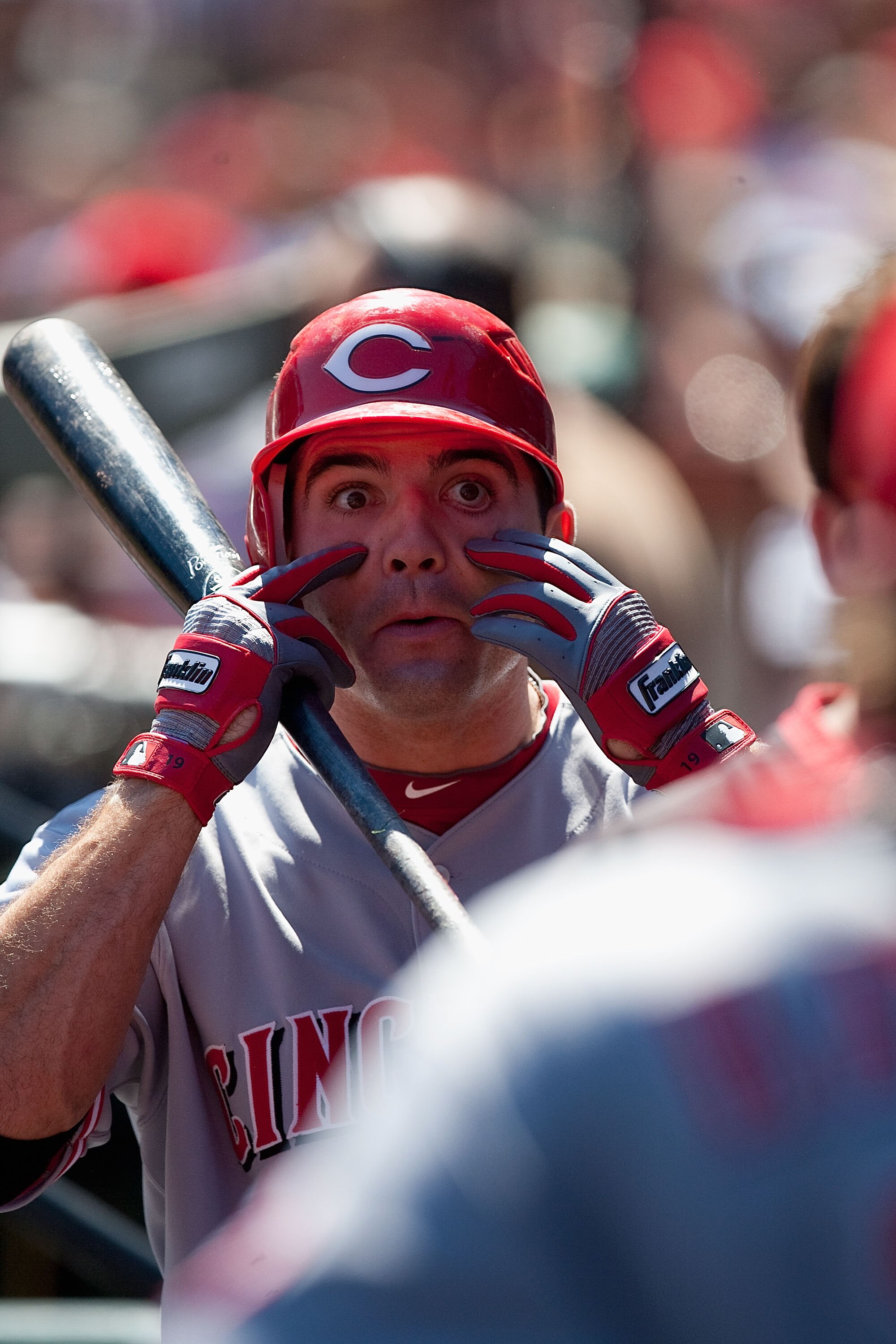 ST. LOUIS - SEPTEMBER 5: Joey Votto  #19 of the Cincinnati Reds tells his teammates to keep their eyes open prior to playing against the St. Louis Cardinals at Busch Stadium on September 5, 2010 in St. Louis, Missouri.  The Cardinals beat the Reds 4-2.  (