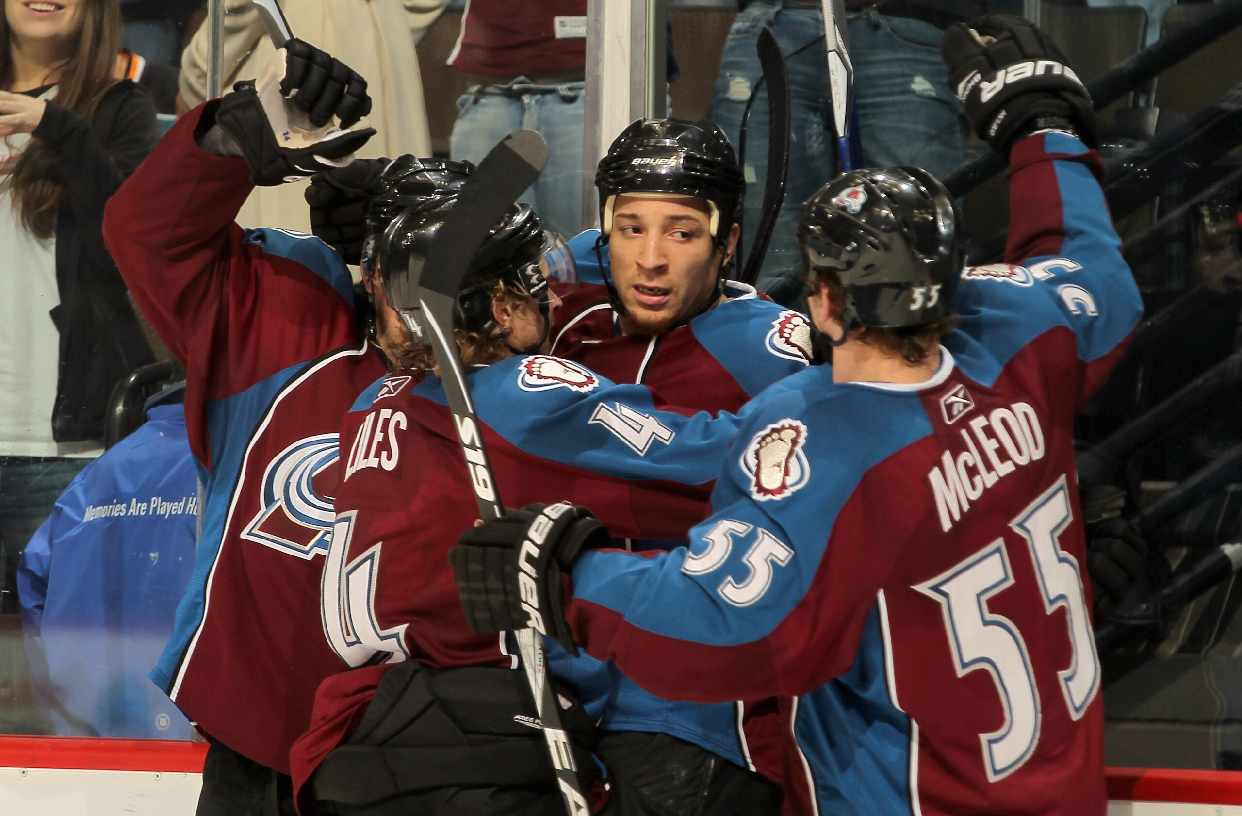DENVER - NOVEMBER 17: Chris Stewart #25 (C) of the Colorado Avalanche celebrates his third period goal against the San Jose Sharks John-Michael Liles #4 and Cody McLeod #55 at the Pepsi Center on November 17, 2010 in Denver, Colorado. The Avalanche defea DENVER - NOVEMBER 17: Chris Stewart #25 (C) of the Colorado Avalanche celebrates his third period goal against the San Jose Sharks John-Michael Liles #4 and Cody McLeod #55 at the Pepsi Center on November 17, 2010 in Denver, Colorado. The Avalanche defea