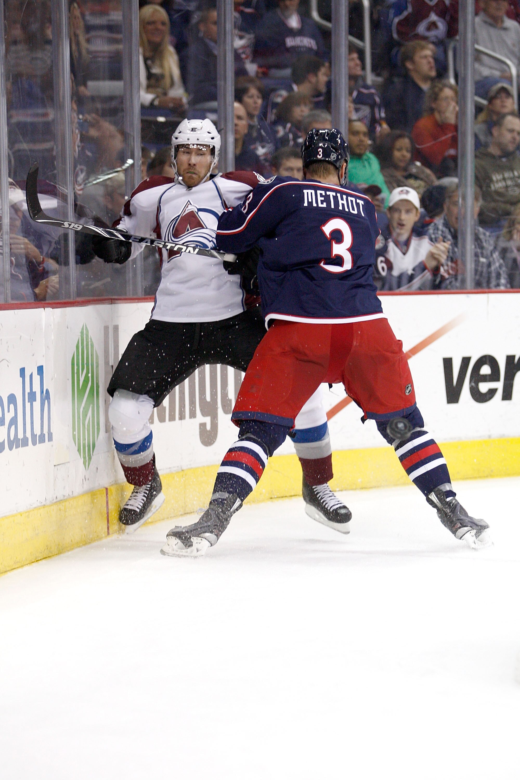 COLUMBUS,OH - NOVEMBER 12:  Marc Methot #3 of the Columbus Blue Jackets checks David Jones #54 of the Colorado Avalanche on November 12, 2010 at Nationwide Arena in Columbus, Ohio.  (Photo by John Grieshop/Getty Images)