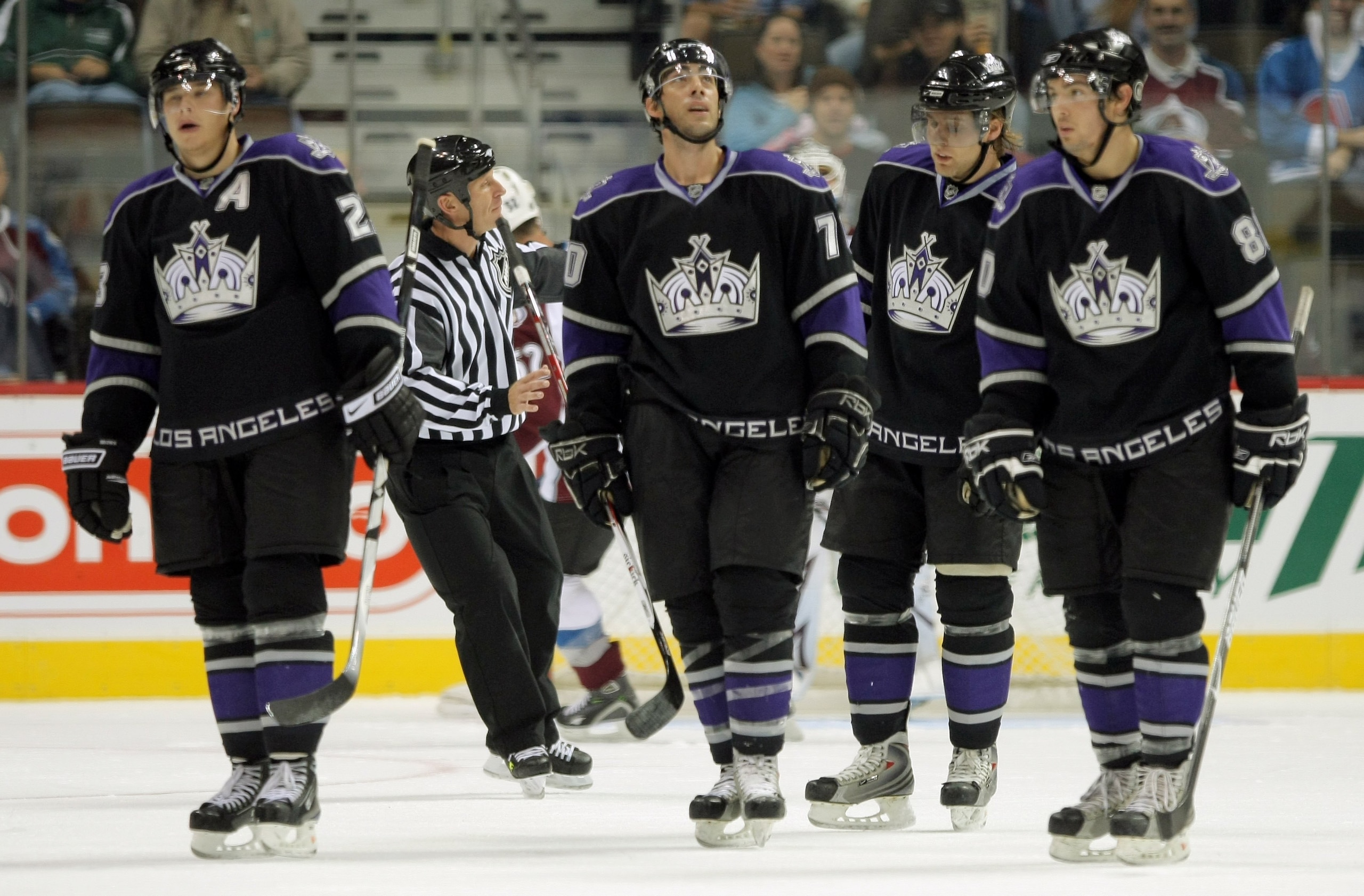 DENVER - SEPTEMBER 24: Dustin Brown #23, Matt Moulson #70, Jack Johnson #3 and Drew Doughty #80 of the Los Angeles Kings head toward the bench after scoring against the Colorado Avalanche during NHL preseason action at the Pepsi Center on September 24, 2 DENVER - SEPTEMBER 24: Dustin Brown #23, Matt Moulson #70, Jack Johnson #3 and Drew Doughty #80 of the Los Angeles Kings head toward the bench after scoring against the Colorado Avalanche during NHL preseason action at the Pepsi Center on September 24, 2