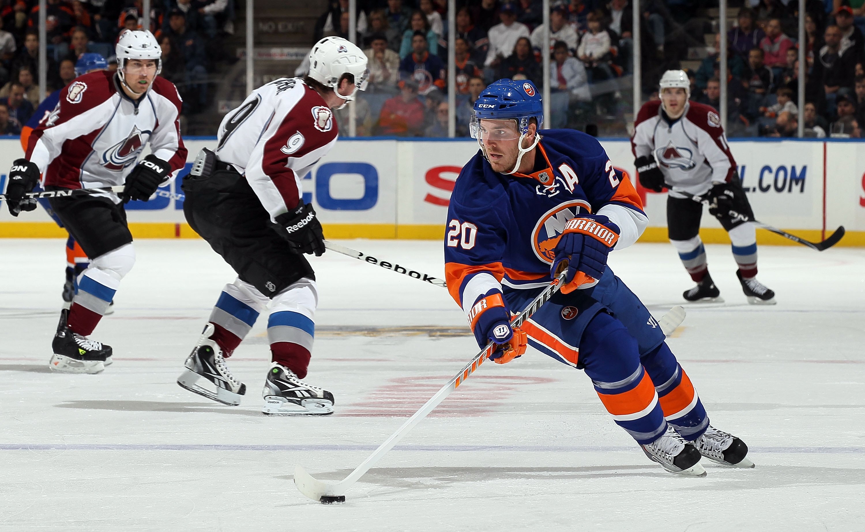 UNIONDALE, NY - OCTOBER 16:  James Wisniewski #20 of the New York Islanders skates against the Colorado Avalanche on October 16, 2010 at Nassau Coliseum in Uniondale, New York. The Isles defeated the Avalanche 5-2.  (Photo by Jim McIsaac/Getty Images)