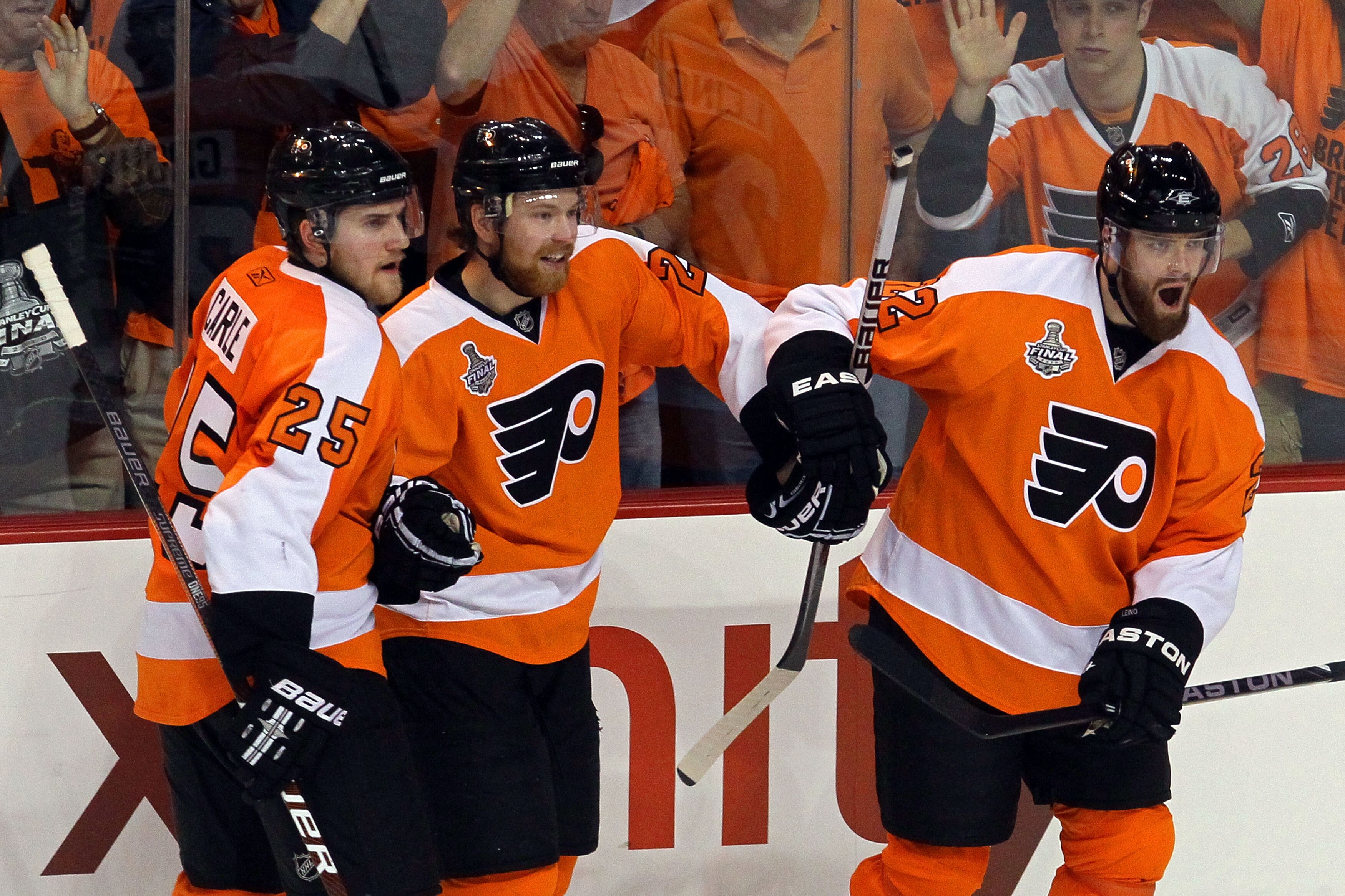 PHILADELPHIA - JUNE 02:  Ville Leino #22 of the Philadelphia Flyers celebrates with teammates Matt Carle #25 and Claude Giroux #28 after scoring a goal in the third period against the Chicago Blackhawks in Game Three of the 2010 NHL Stanley Cup Final at W