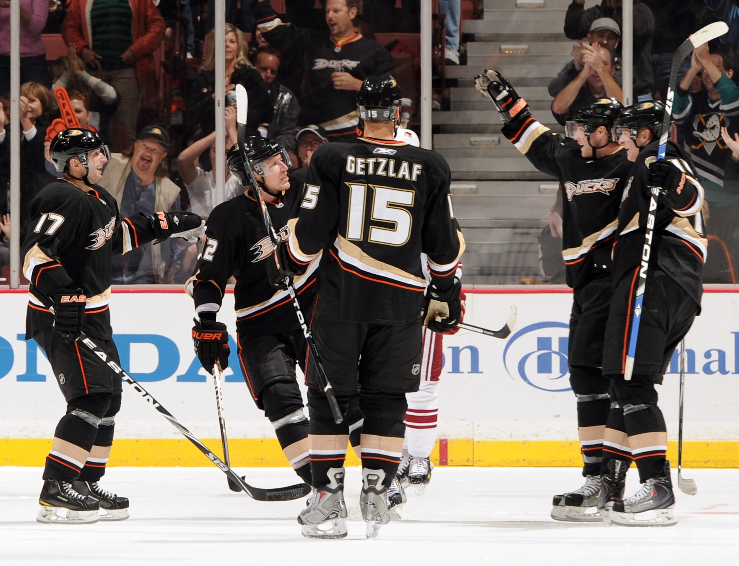 ANAHEIM, CA - OCTOBER 17: Toni Lydman #32 of the Anaheim Ducks celebrates his goal with Bobby Ryan #9, Corey Perry #10 and Ryan Getzlaf #15 and Lubimor Visnovsky #17 for a 2-0 lead over the Phoenix Coyotes during the second period at the Honda Center on ANAHEIM, CA - OCTOBER 17: Toni Lydman #32 of the Anaheim Ducks celebrates his goal with Bobby Ryan #9, Corey Perry #10 and Ryan Getzlaf #15 and Lubimor Visnovsky #17 for a 2-0 lead over the Phoenix Coyotes during the second period at the Honda Center on