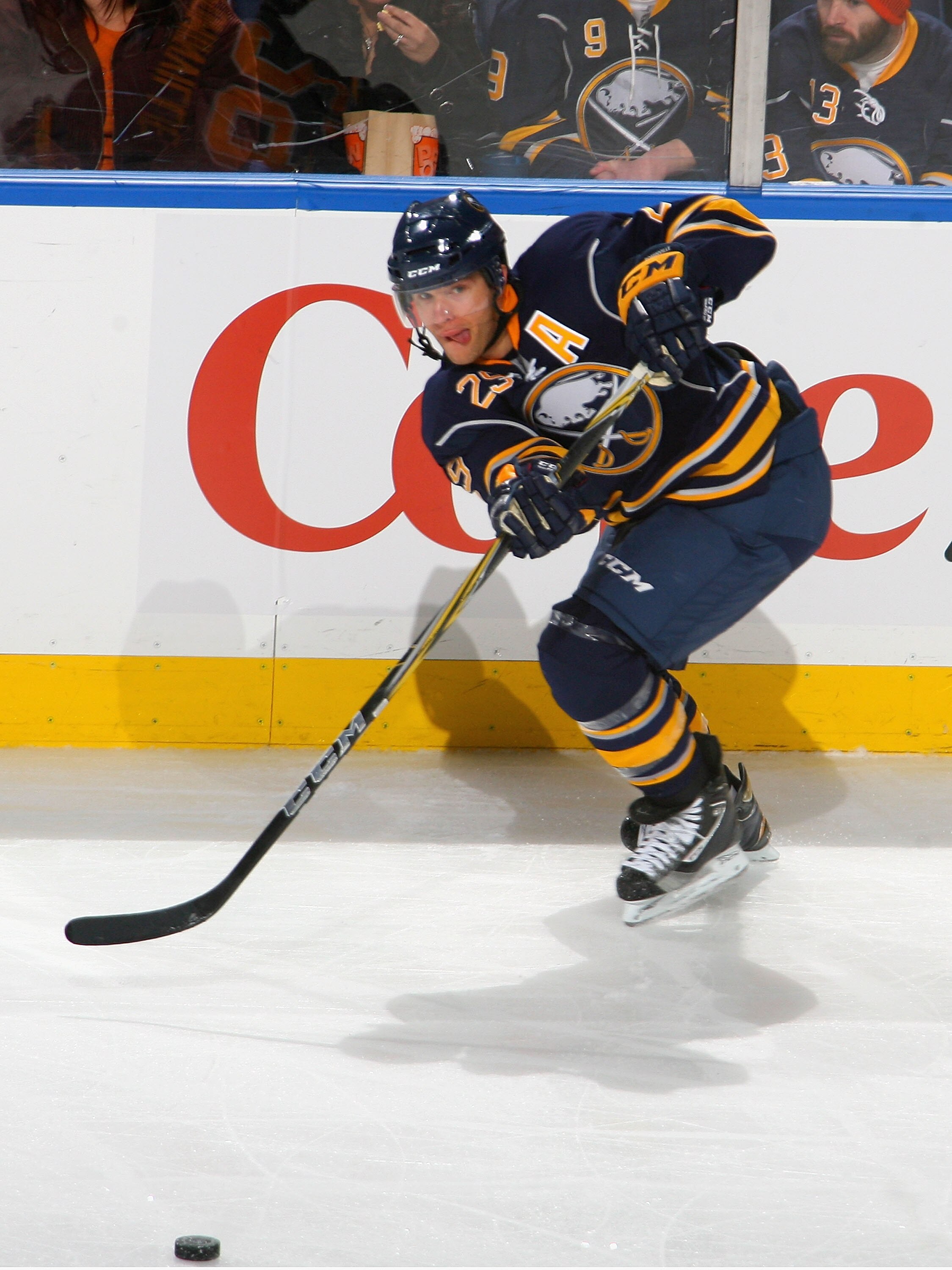 BUFFALO, NY - NOVEMBER 20: Jason Pominville #29 of the Buffalo Sabres makes a pass against the Tampa Bay Lightning at HSBC Arena on November 20, 2010 in Buffalo, New York.  (Photo by Rick Stewart/Getty Images)