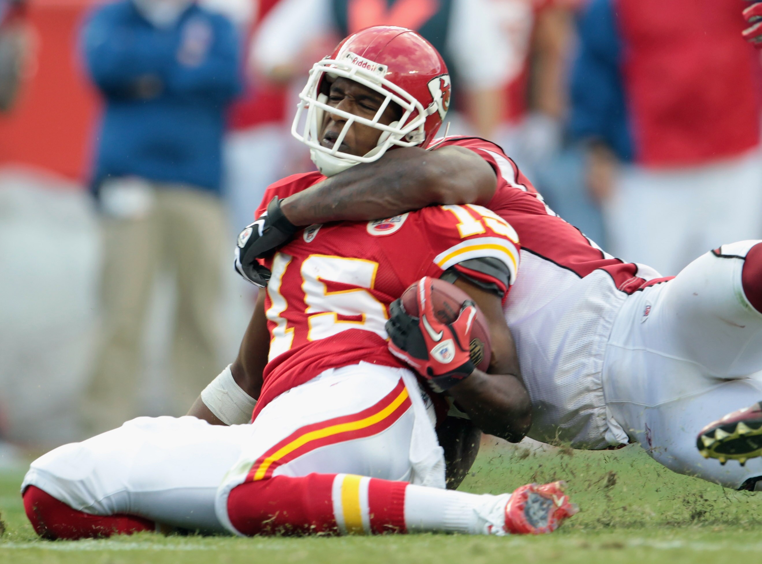 KANSAS CITY, MO - NOVEMBER 21:  Verran Tucker #15 of the Kansas City Chiefs is pulled down during the game against the Arizona Cardinals at Arrowhead Stadium on November 21, 2010 in Kansas City, Missouri.  (Photo by Jamie Squire/Getty Images)