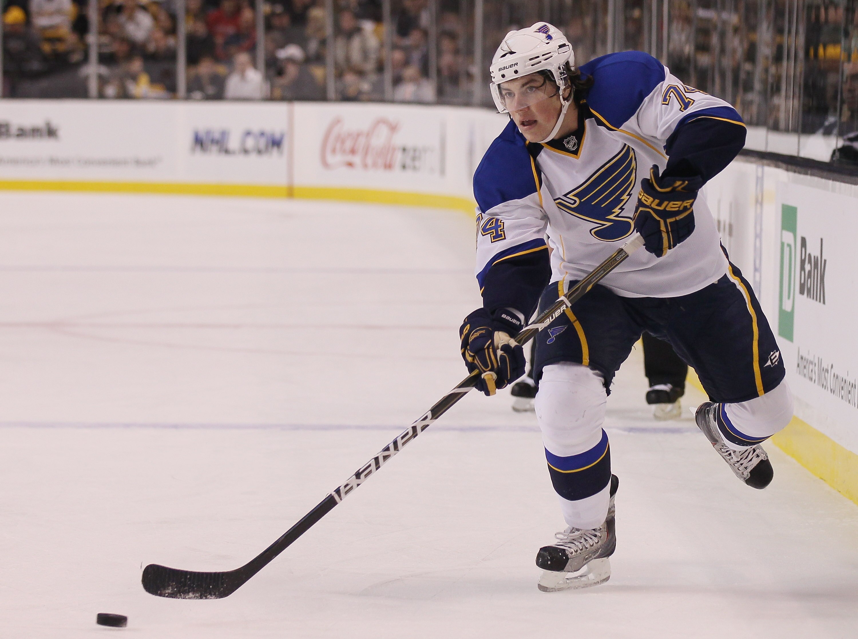 BOSTON - NOVEMBER 06:  TJ Oshie #74 of the St. Louis Blues passes the puck in the first period against the Boston Bruins on November 6, 2010 at the TD Garden in Boston, Massachusetts.  (Photo by Elsa/Getty Images)