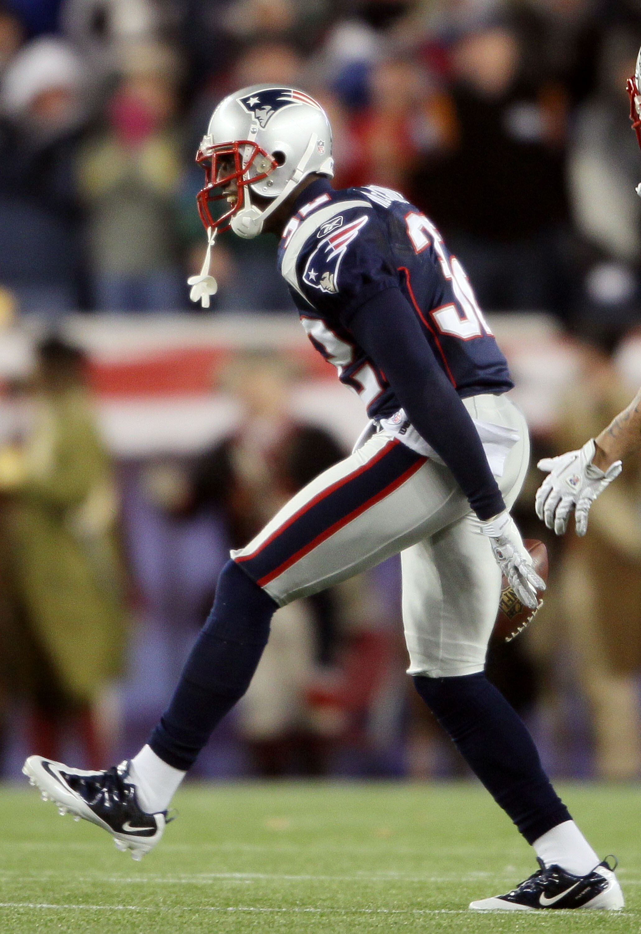 FOXBORO, MA - NOVEMBER 21:   Devin McCourty #32 of the New England Patriots celebrates after he intercepted a pass by Peyton Manning of the Indianapolis Colts on November 21, 2010 at Gillette Stadium in Foxboro, Massachusetts. The Patriots defeated the Co