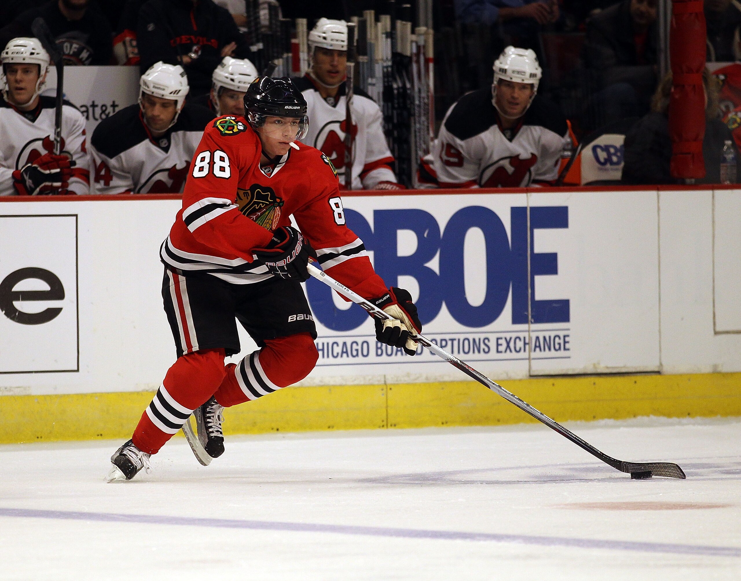 CHICAGO, IL - NOVEMBER 03: Patrick Kane #88 of the Chicago Blackhawks skates against the New Jersey Devils at the United Center on November 3, 2010 in Chicago, Illinois. The Devils defeated the Blackhawks 5-3. (Photo by Jonathan Daniel/Getty Images)