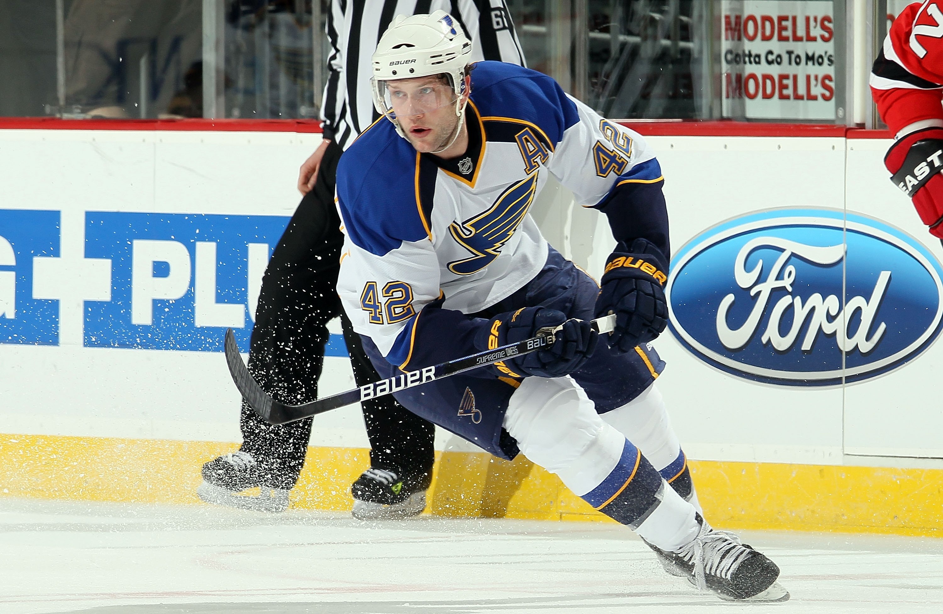 NEWARK, NJ - MARCH 20:  David Backes #42 of the St. Louis Blues skates against the New Jersey Devils at the Prudential Center on March 20, 2010 in Newark, New Jersey. The Blues defeated the Devils 1-0.  (Photo by Jim McIsaac/Getty Images)