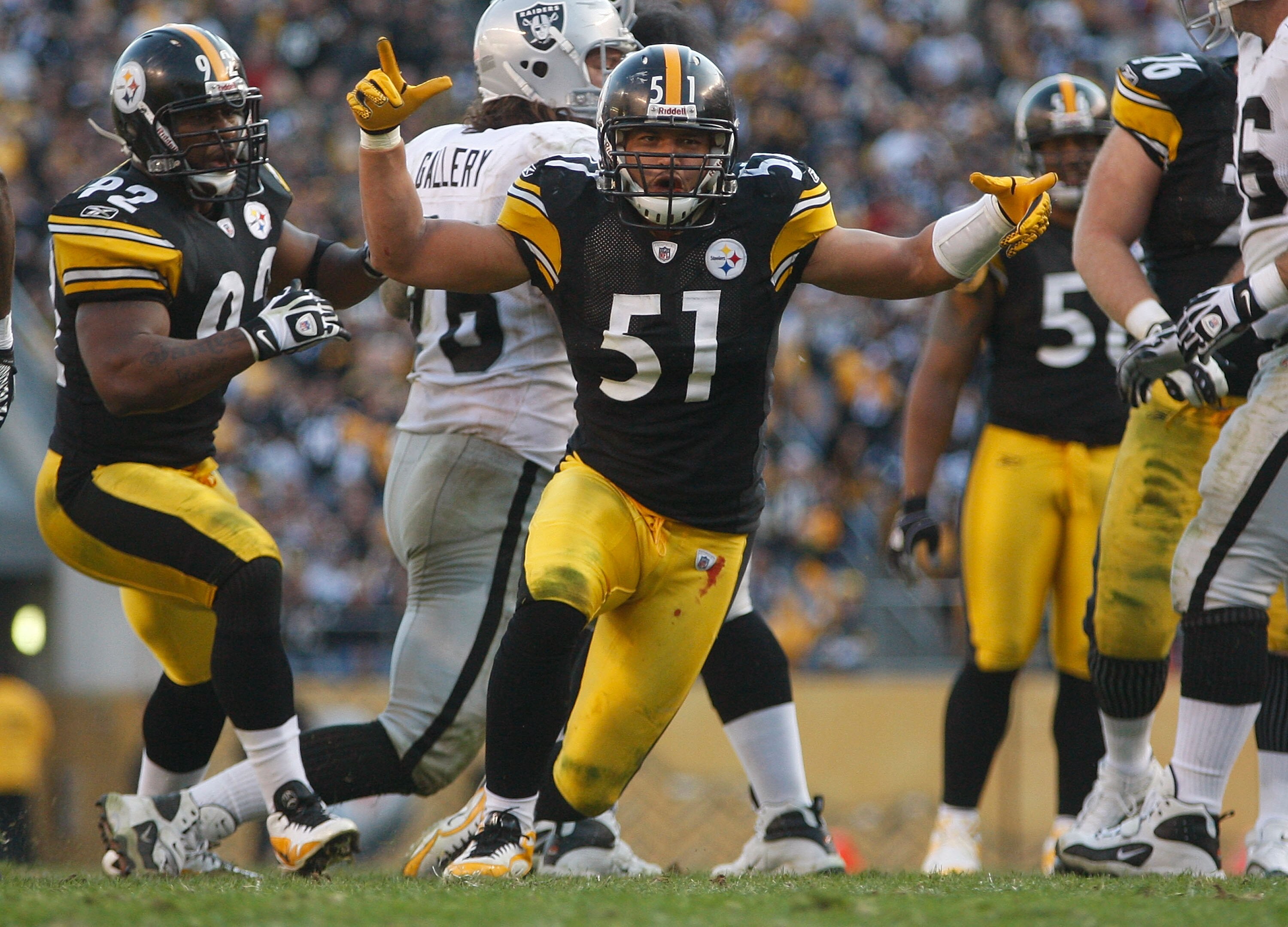 PITTSBURGH - NOVEMBER 21:  James Farrior #51 of the Pittsburgh Steelers celebrates after a sack against the Oakland Raiders during the game on November 21, 2010 at Heinz Field in Pittsburgh, Pennsylvania.  (Photo by Jared Wickerham/Getty Images)