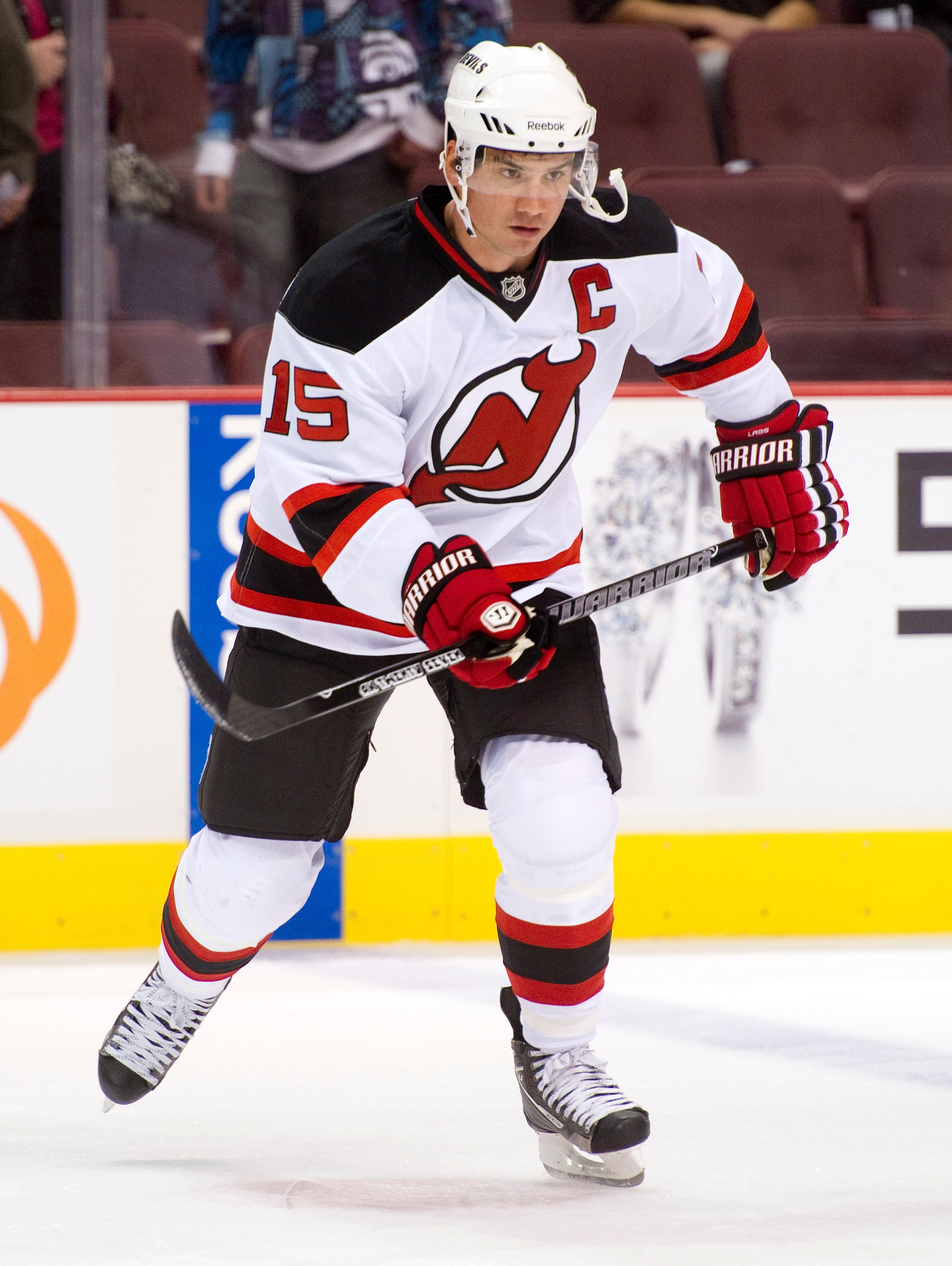 VANCOUVER, CANADA - NOVEMBER 1: Jamie Langenbrunner #15 of the New Jersey Devils loosens up during the pre-game warm up prior to NHL action against the Vancouver Canucks on November 01, 2010 at Rogers Arena in Vancouver, British Columbia, Canada.  (Photo