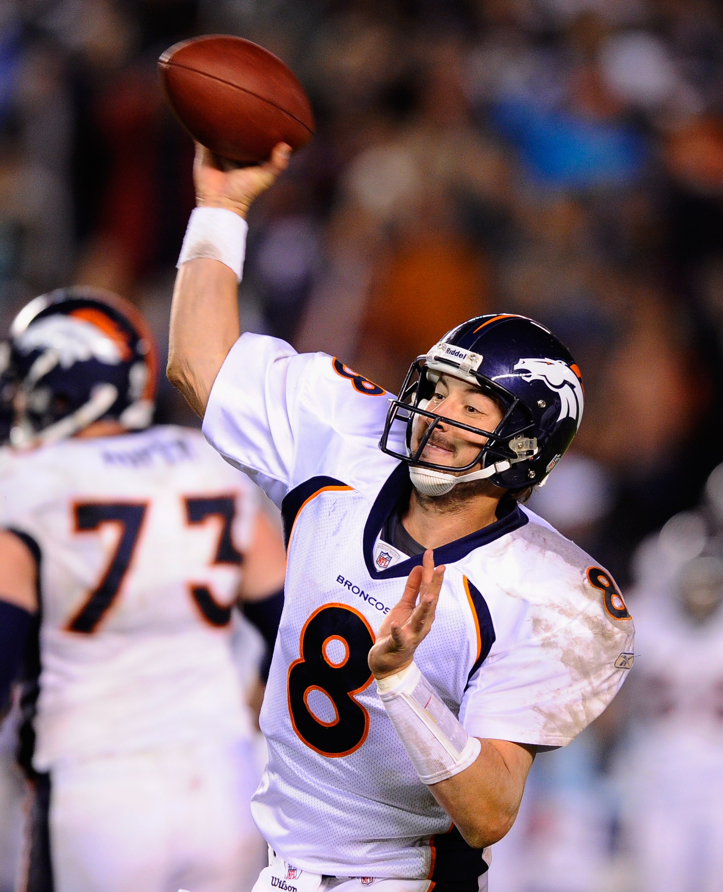 SAN DIEGO - NOVEMBER 22:  Quarterback Kyle Orton #8 of the Denver Broncos throws a pass against San Diego Chargers at Qualcomm Stadium on November 22, 2010 in San Diego, California.  Chargers defeated the broncos, 35-14.(Photo by Kevork Djansezian/Getty I