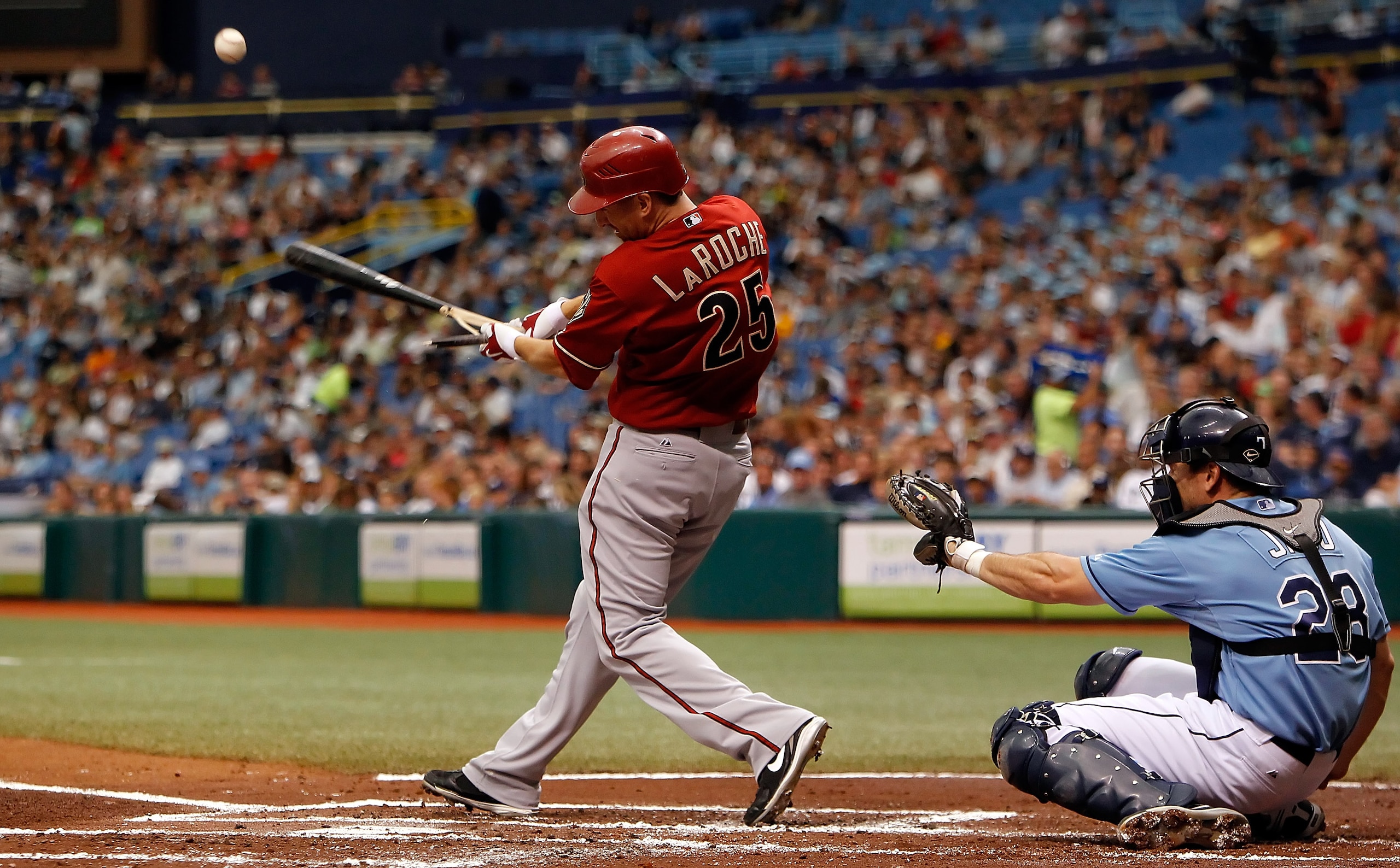 ST. PETERSBURG - JUNE 27:  Adam LaRoche #25 of the Arizona Diamondbacks breaks his bat against the Tampa Bay Rays during the game at Tropicana Field on June 27, 2010 in St. Petersburg, Florida.  (Photo by J. Meric/Getty Images)