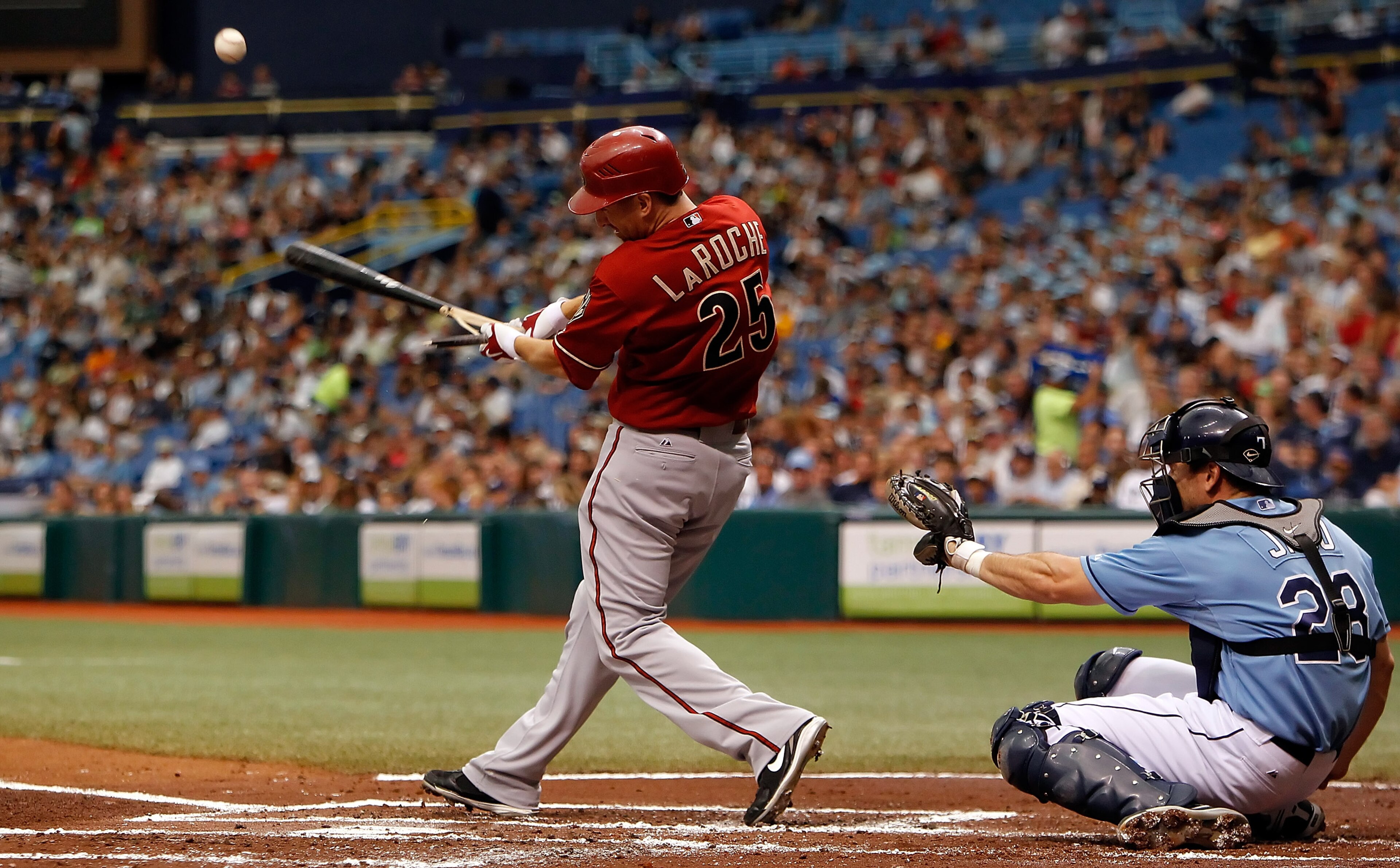 ST. PETERSBURG - JUNE 27:  Adam LaRoche #25 of the Arizona Diamondbacks breaks his bat against the Tampa Bay Rays during the game at Tropicana Field on June 27, 2010 in St. Petersburg, Florida.  (Photo by J. Meric/Getty Images)