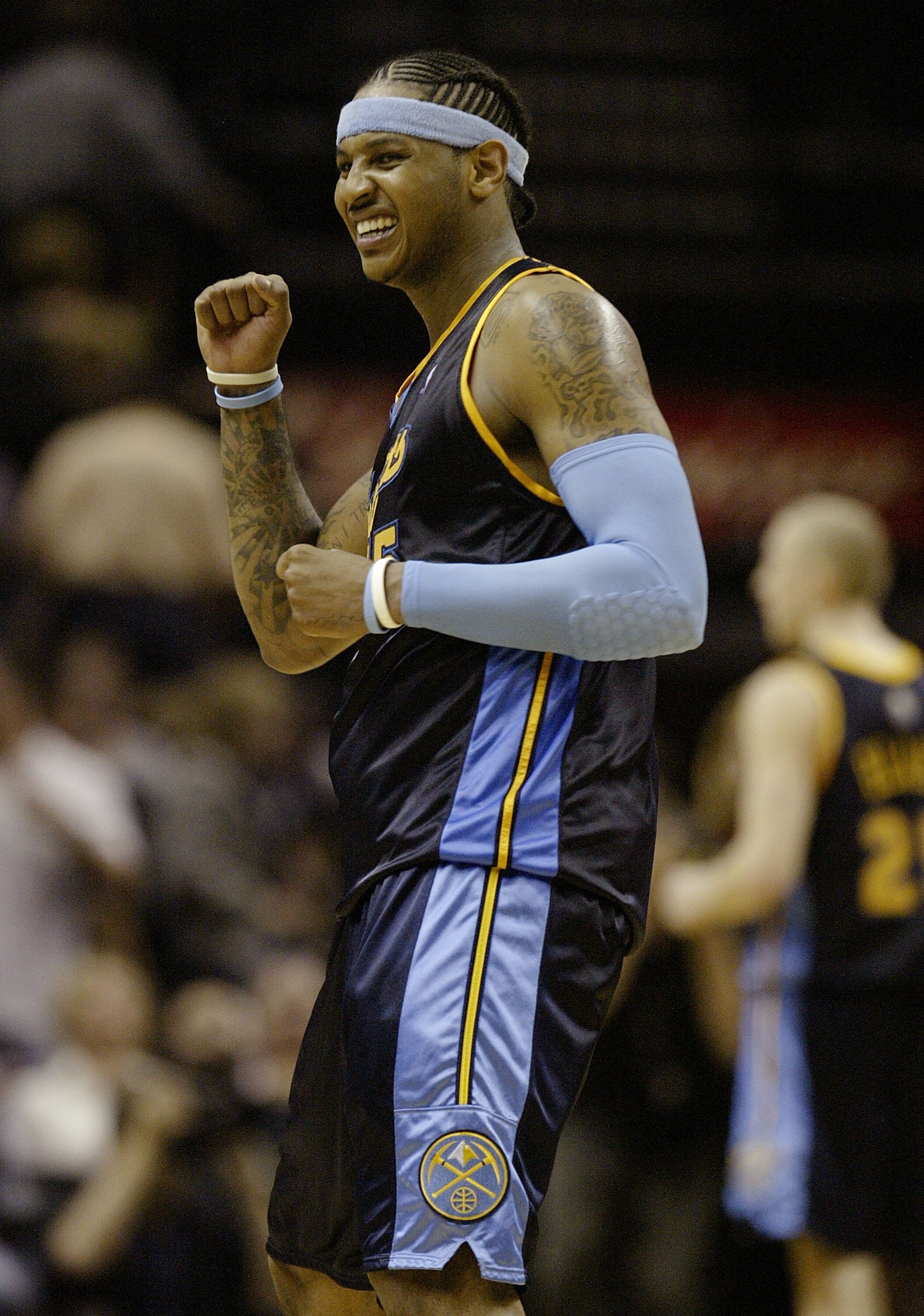 SAN ANTONIO - APRIL 22:  Forward Carmelo Anthony #15 of the Denver Nuggets reacts after a 95-89 win against the San Antonio Spurs in Game One of the Western Conference Quarterfinals during the 2007 NBA Playoffs at AT&T Center on April 22, 2007 in San Anto