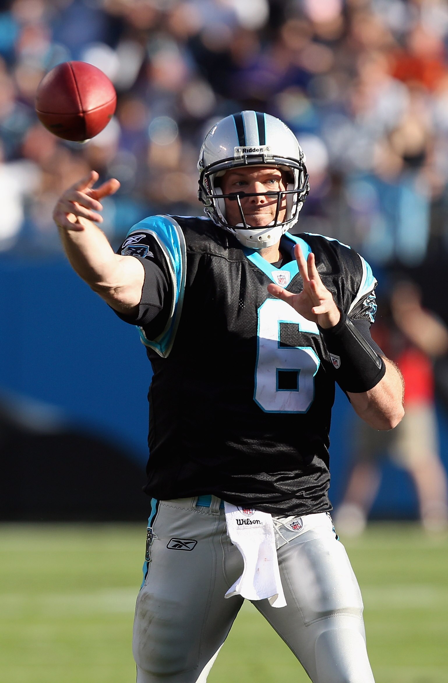 CHARLOTTE, NC - NOVEMBER 21:  Brian St. Pierre #6 of the Carolina Panthers throws a pass against the Baltimore Ravens at Bank of America Stadium on November 21, 2010 in Charlotte, North Carolina.  (Photo by Streeter Lecka/Getty Images)