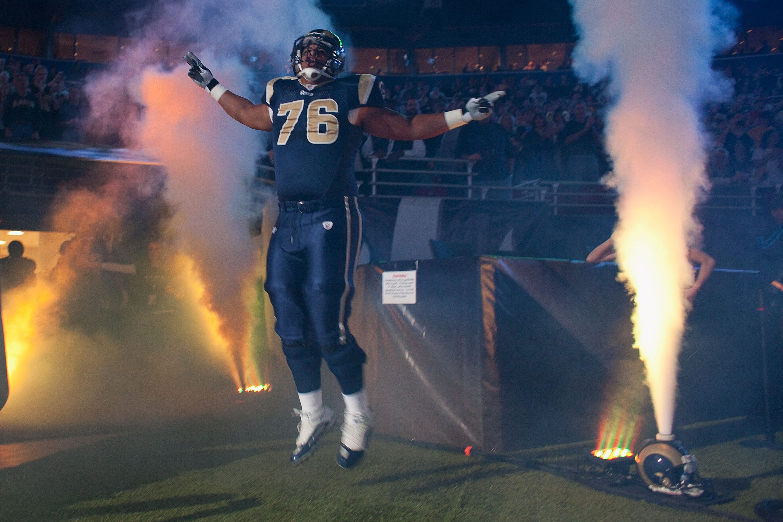 ST. LOUIS - NOVEMBER 21: Rodger Saffold #76 of the St. Louis Rams is introduced prior to playing against the Atlanta Falcons at the Edward Jones Dome on November 21, 2010 in St. Louis, Missouri. The Falcons beat the Rams 34-17. (Photo by Dilip Vishwanat ST. LOUIS - NOVEMBER 21: Rodger Saffold #76 of the St. Louis Rams is introduced prior to playing against the Atlanta Falcons at the Edward Jones Dome on November 21, 2010 in St. Louis, Missouri. The Falcons beat the Rams 34-17. (Photo by Dilip Vishwanat