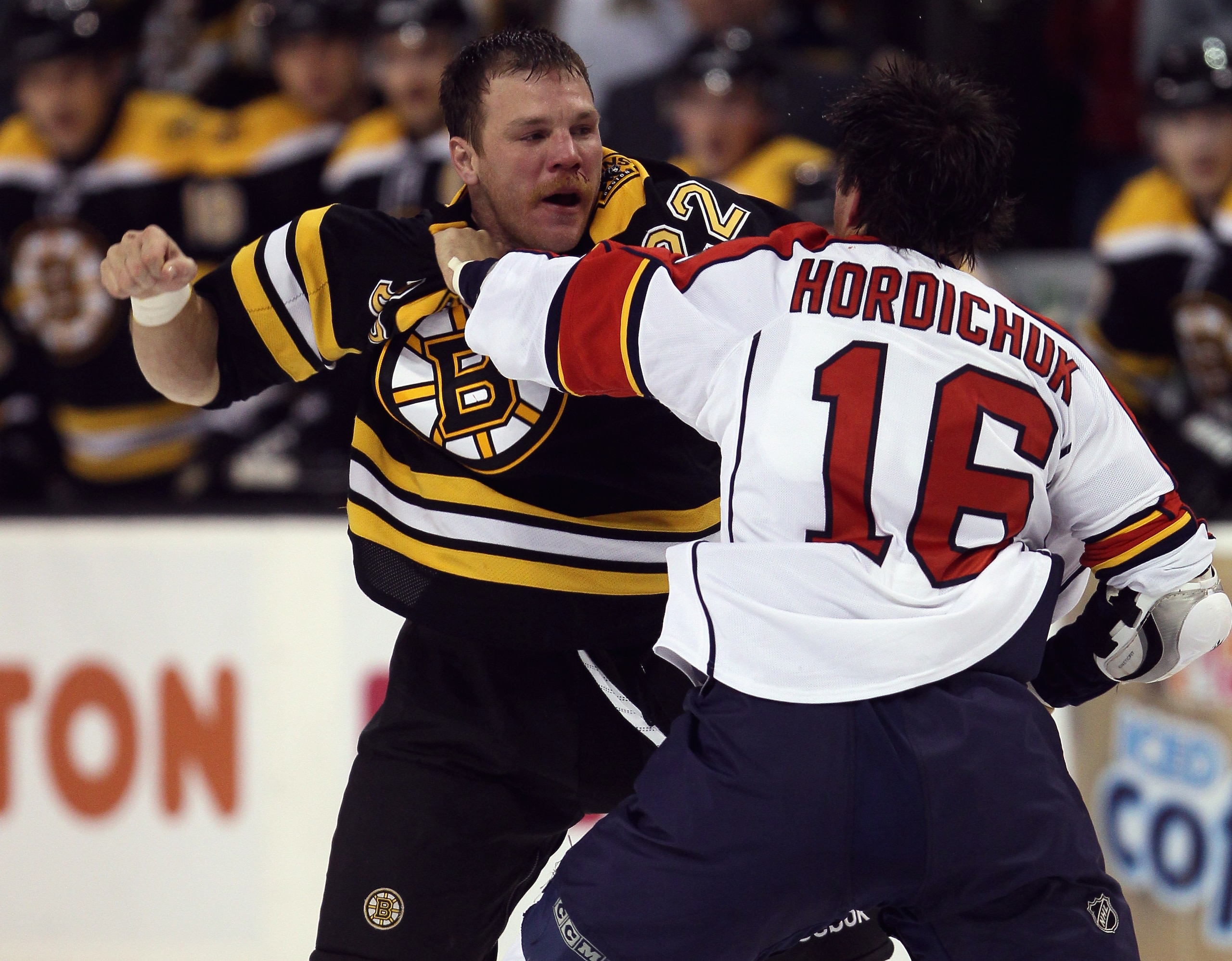BOSTON - NOVEMBER 18: Shawn Thornton #22 of the Boston Bruins and Darcy Hordichuk #16 of the Florida Panther exchange punches on November 18, 2010 at the TD Garden in Boston, Massachusetts. (Photo by Elsa/Getty Images) BOSTON - NOVEMBER 18: Shawn Thornton #22 of the Boston Bruins and Darcy Hordichuk #16 of the Florida Panther exchange punches on November 18, 2010 at the TD Garden in Boston, Massachusetts. (Photo by Elsa/Getty Images)