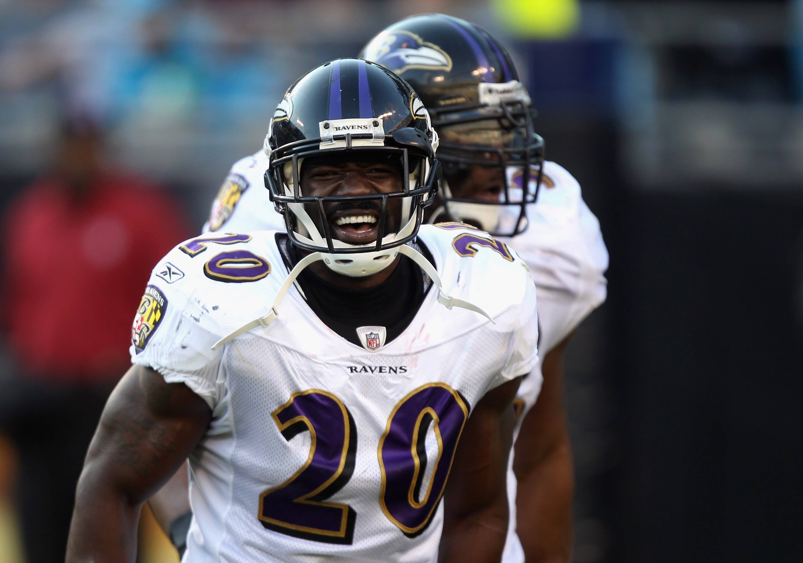 CHARLOTTE, NC - NOVEMBER 21:  Teammates Ed Reed #20 and Ray Lewis #52 of the Baltimore Ravens celebrate after a defensive stop against the Carolina Panthers at Bank of America Stadium on November 21, 2010 in Charlotte, North Carolina.  (Photo by Streeter