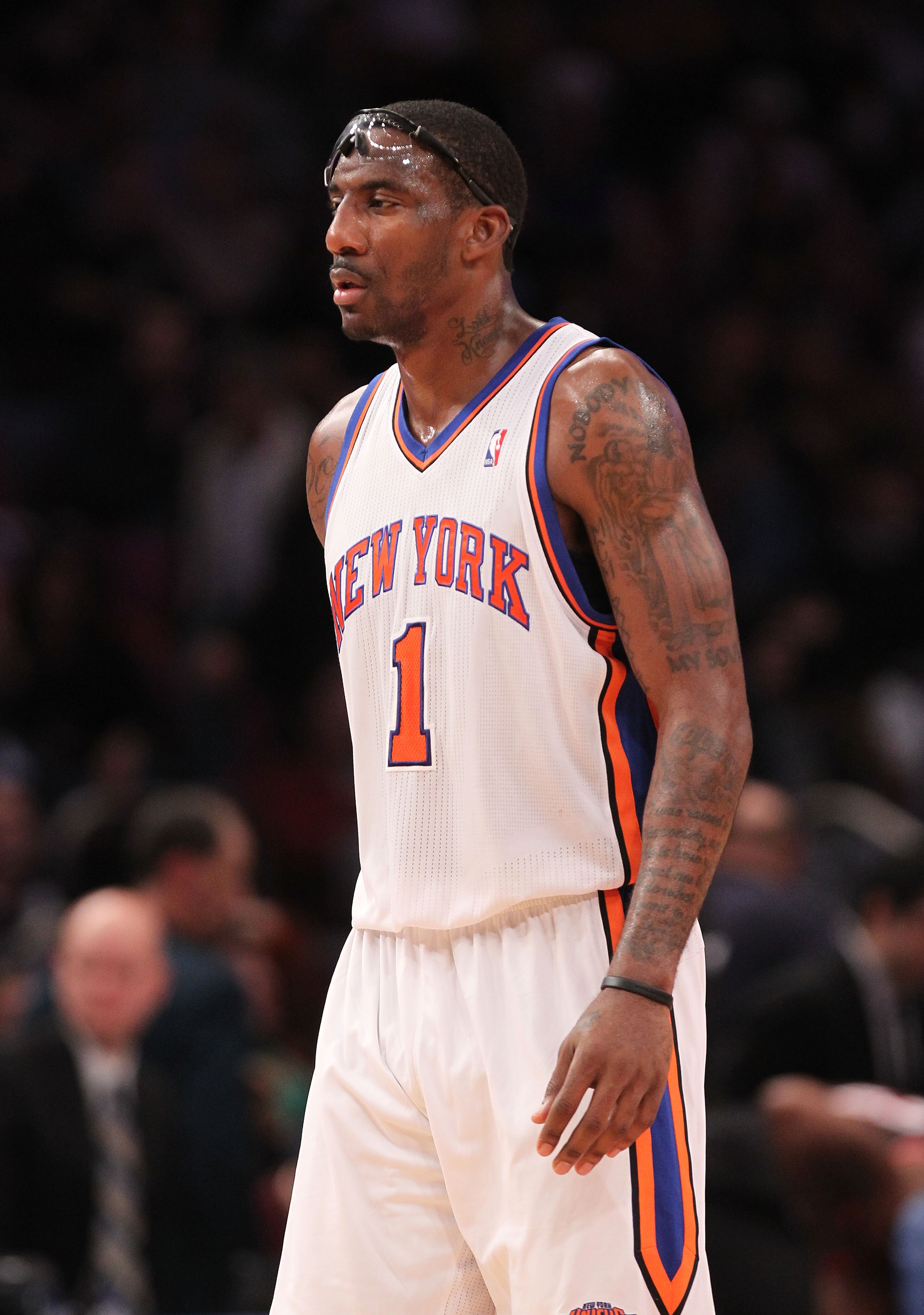NEW YORK - OCTOBER 30:  Amar'e Stoudemire #1 of the New York Knicks walks down the court against the Portland Trail Blazers at Madison Square Garden on October 30, 2010 in New York City. NOTE TO USER: User expressly acknowledges and agrees that, by downlo