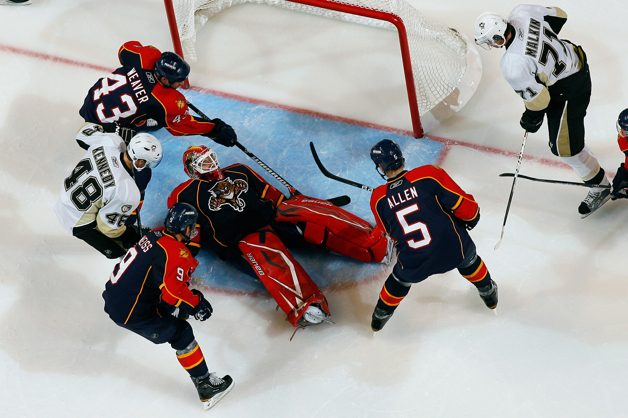 SUNRISE, FL - NOVEMBER 22: Goaltender Tomas Vokoun #29 of the Florida Panthers lies on the ice after stopping a shot by Tyler Kennedy #48 of the Pittsburgh Penguins on November 22, 2010 at the BankAtlantic Center in Sunrise, Florida. The Penguins defeated SUNRISE, FL - NOVEMBER 22: Goaltender Tomas Vokoun #29 of the Florida Panthers lies on the ice after stopping a shot by Tyler Kennedy #48 of the Pittsburgh Penguins on November 22, 2010 at the BankAtlantic Center in Sunrise, Florida. The Penguins defeated