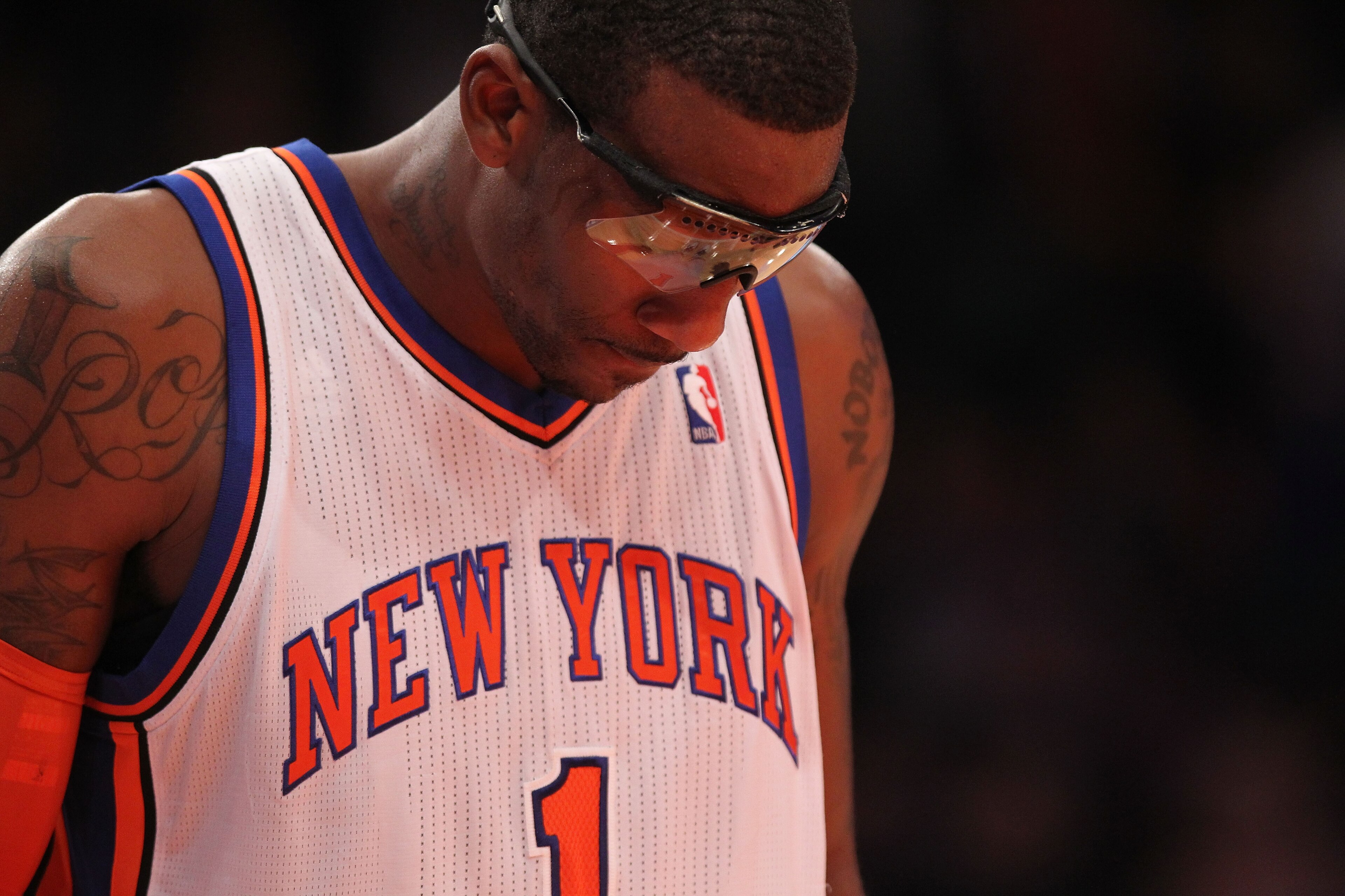 NEW YORK - OCTOBER 30:  Amar'e Stoudemire #1 of the New York Knicks watches a foul shot against the Portland Trail Blazers at Madison Square Garden on October 30, 2010 in New York City. NOTE TO USER: User expressly acknowledges and agrees that, by downloa