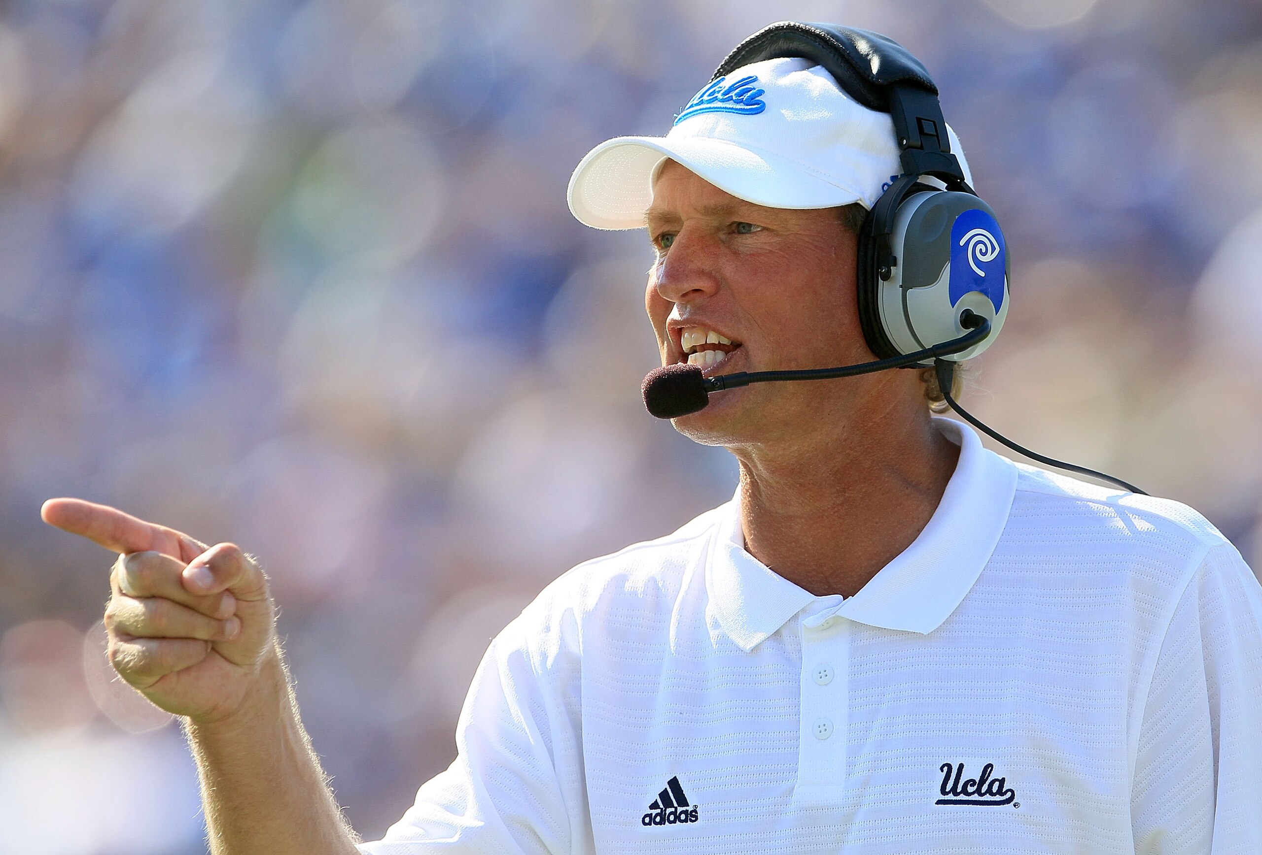 PASADENA, CA - OCTOBER 02: Head Coach Rick Neuheisel of the UCLA Bruins watches the game against the Washington State Cougars during the game at the Rose Bowl on October 2, 2010 in Pasadena, California. UCLA defeated Washington State 42-28. (Photo by Je PASADENA, CA - OCTOBER 02: Head Coach Rick Neuheisel of the UCLA Bruins watches the game against the Washington State Cougars during the game at the Rose Bowl on October 2, 2010 in Pasadena, California. UCLA defeated Washington State 42-28. (Photo by Je
