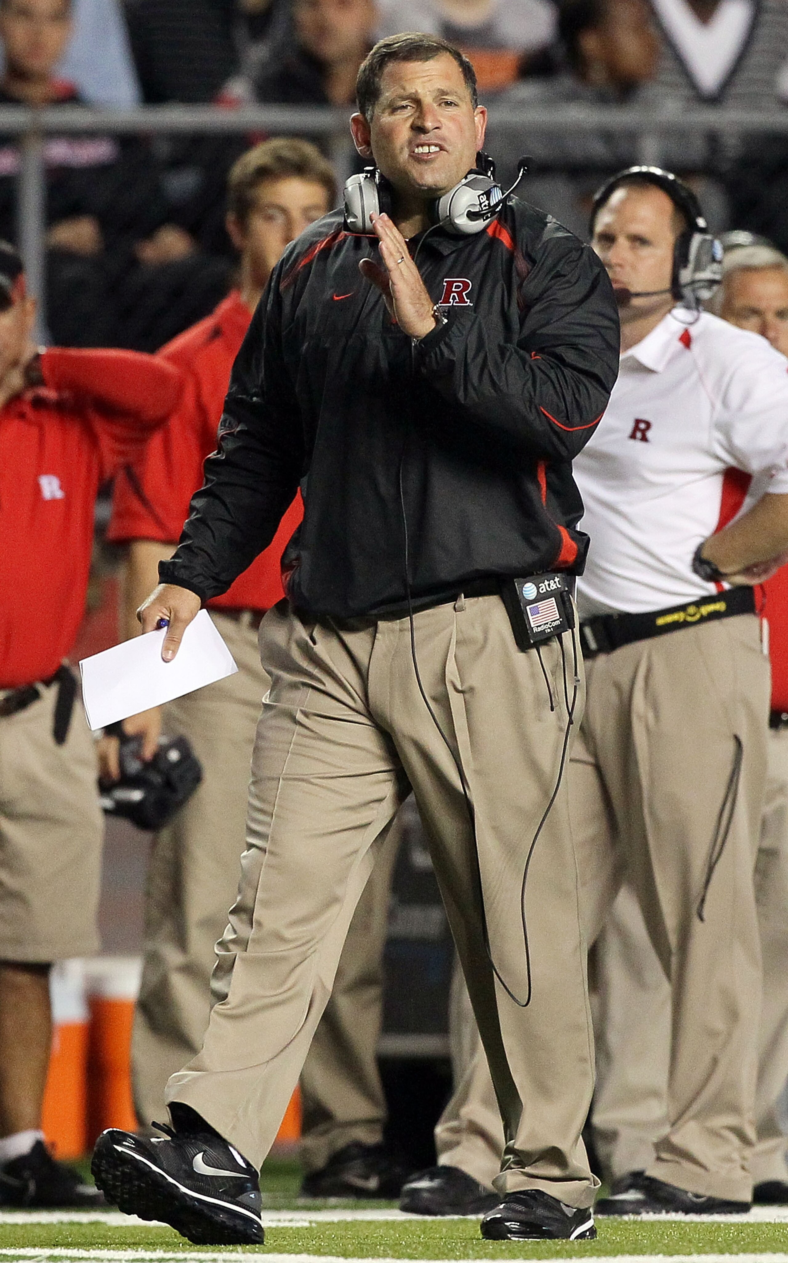 PISCATAWAY, NJ - OCTOBER 08: Head coach Greg Schiano of the Rutgers Scarlet Knights looks on against the Connecticut Huskies at Rutgers Stadium on October 8, 2010 in Piscataway, New Jersey. (Photo by Jim McIsaac/Getty Images) PISCATAWAY, NJ - OCTOBER 08: Head coach Greg Schiano of the Rutgers Scarlet Knights looks on against the Connecticut Huskies at Rutgers Stadium on October 8, 2010 in Piscataway, New Jersey. (Photo by Jim McIsaac/Getty Images)