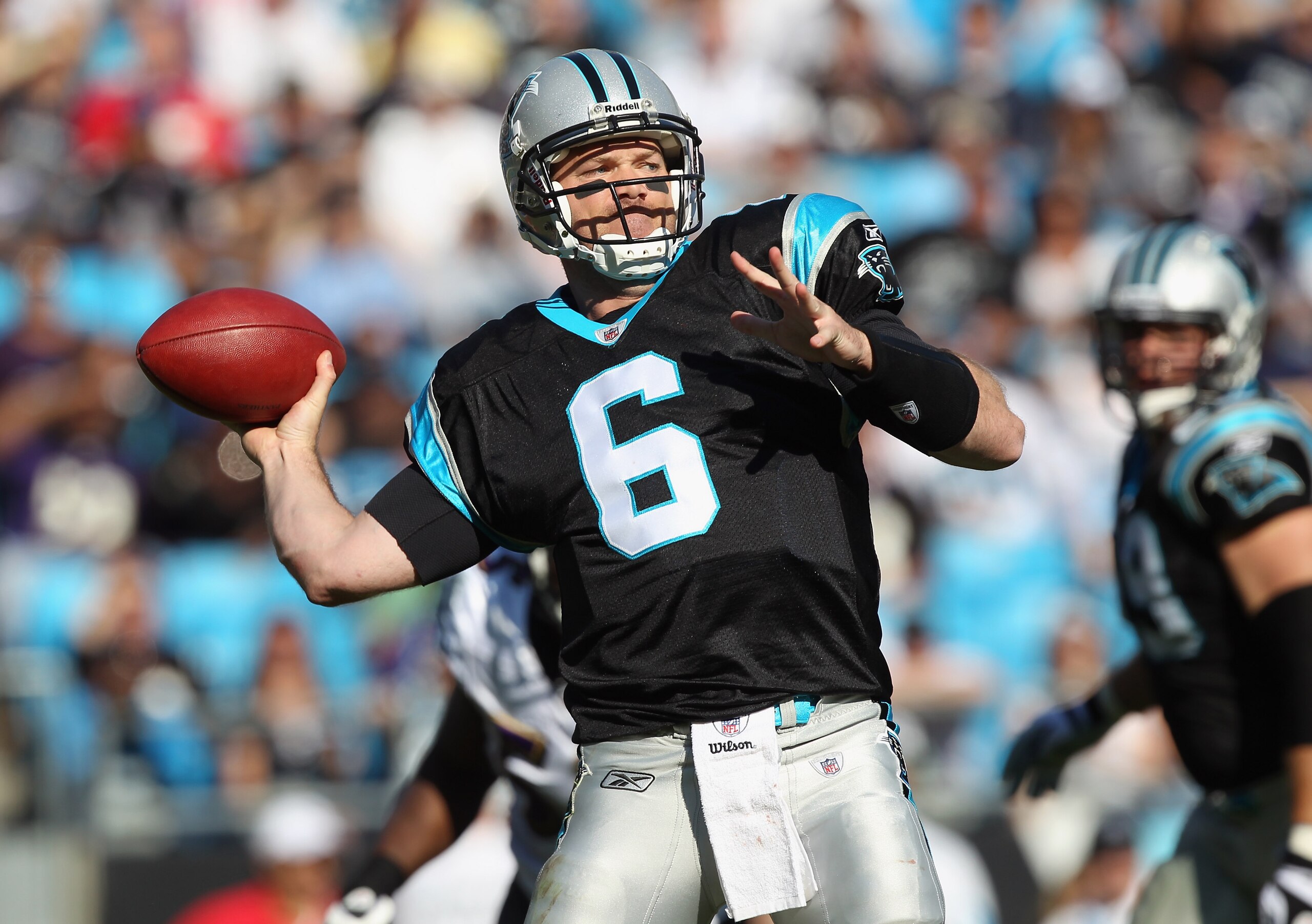 CHARLOTTE, NC - NOVEMBER 21:  Brian St. Pierre #6 of the Carolina Panthers drops back to throw a pass against the Baltimore Ravens at Bank of America Stadium on November 21, 2010 in Charlotte, North Carolina.  (Photo by Streeter Lecka/Getty Images)