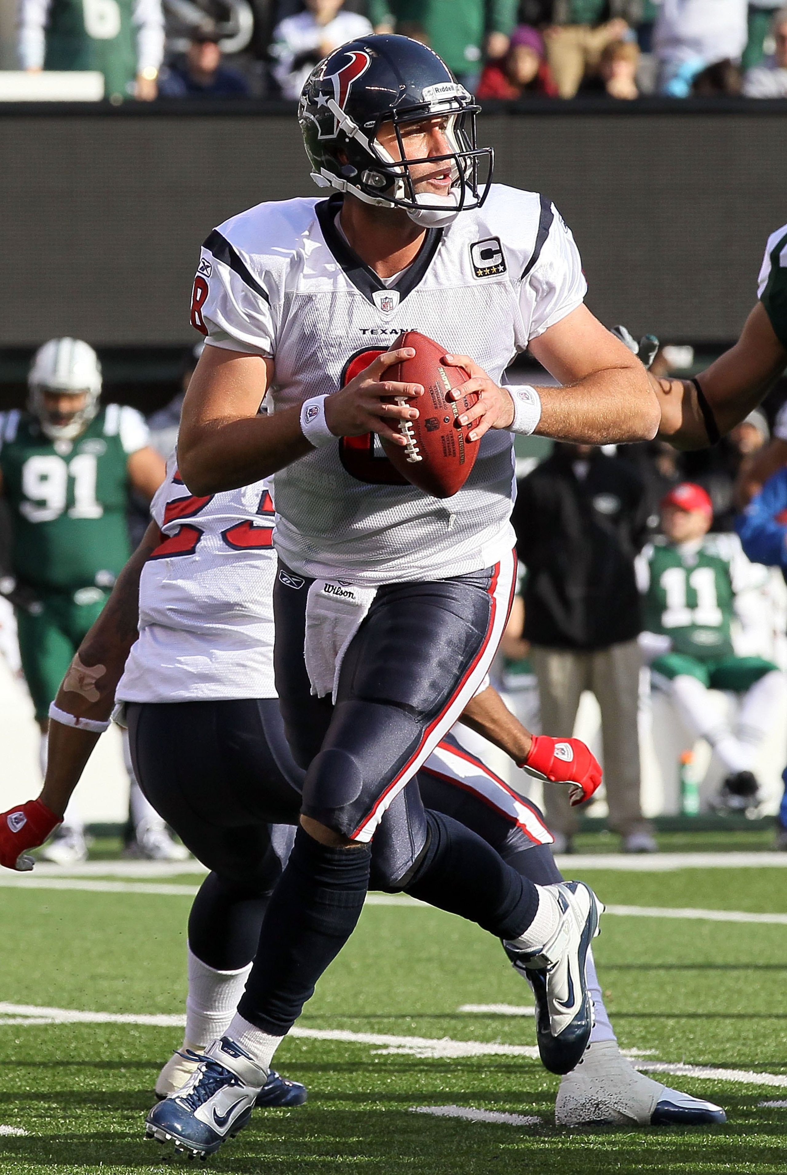 EAST RUTHERFORD, NJ - NOVEMBER 21:  Matt Schaub #8 of the Houston Texans looks to throw a pass against the New York Jets on November 21, 2010 at the New Meadowlands Stadium in East Rutherford, New Jersey.  (Photo by Jim McIsaac/Getty Images)