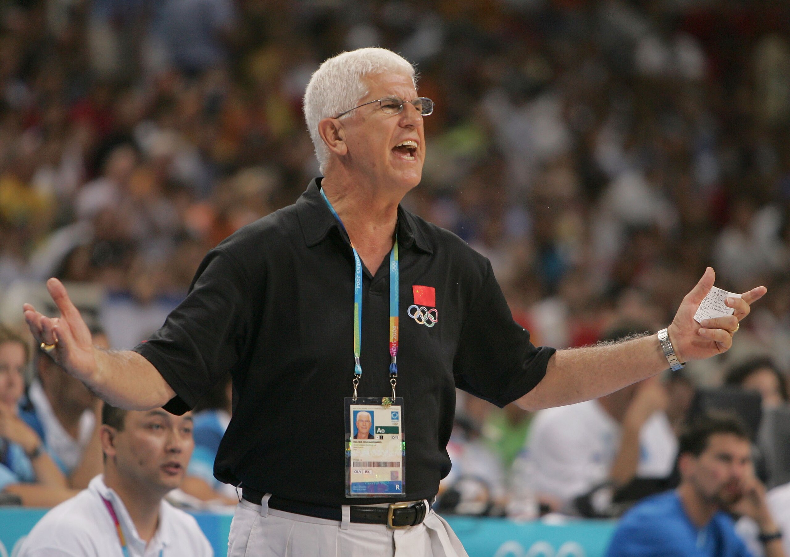 ATHENS - AUGUST 26: Head coach Del Harris of China reacts to a call in the first half of the men's basketball quarterfinal game against Lithuania on August 26, 2004 during the Athens 2004 Summer Olympic Games at the Indoor Hall of the Olympic Sports Com ATHENS - AUGUST 26: Head coach Del Harris of China reacts to a call in the first half of the men's basketball quarterfinal game against Lithuania on August 26, 2004 during the Athens 2004 Summer Olympic Games at the Indoor Hall of the Olympic Sports Com