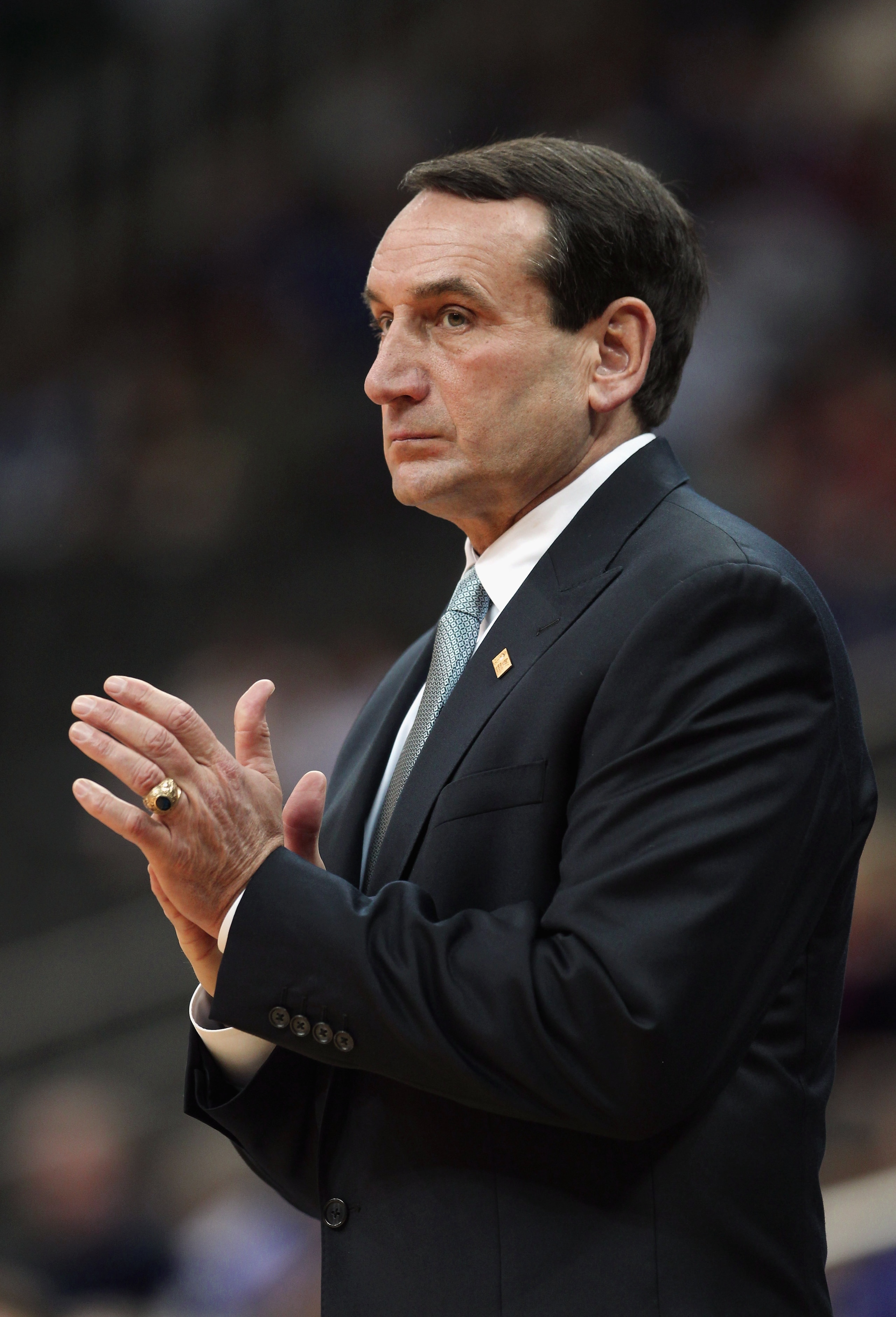 KANSAS CITY, MO - NOVEMBER 22: Head coach Mike Krzyzewski of the Duke Blue Devils coaches from the bench during the CBE Classic game against the Marquette Golden Eagles on November 22, 2010 at the Sprint Center in Kansas City, Missouri. (Photo by Jamie KANSAS CITY, MO - NOVEMBER 22: Head coach Mike Krzyzewski of the Duke Blue Devils coaches from the bench during the CBE Classic game against the Marquette Golden Eagles on November 22, 2010 at the Sprint Center in Kansas City, Missouri. (Photo by Jamie