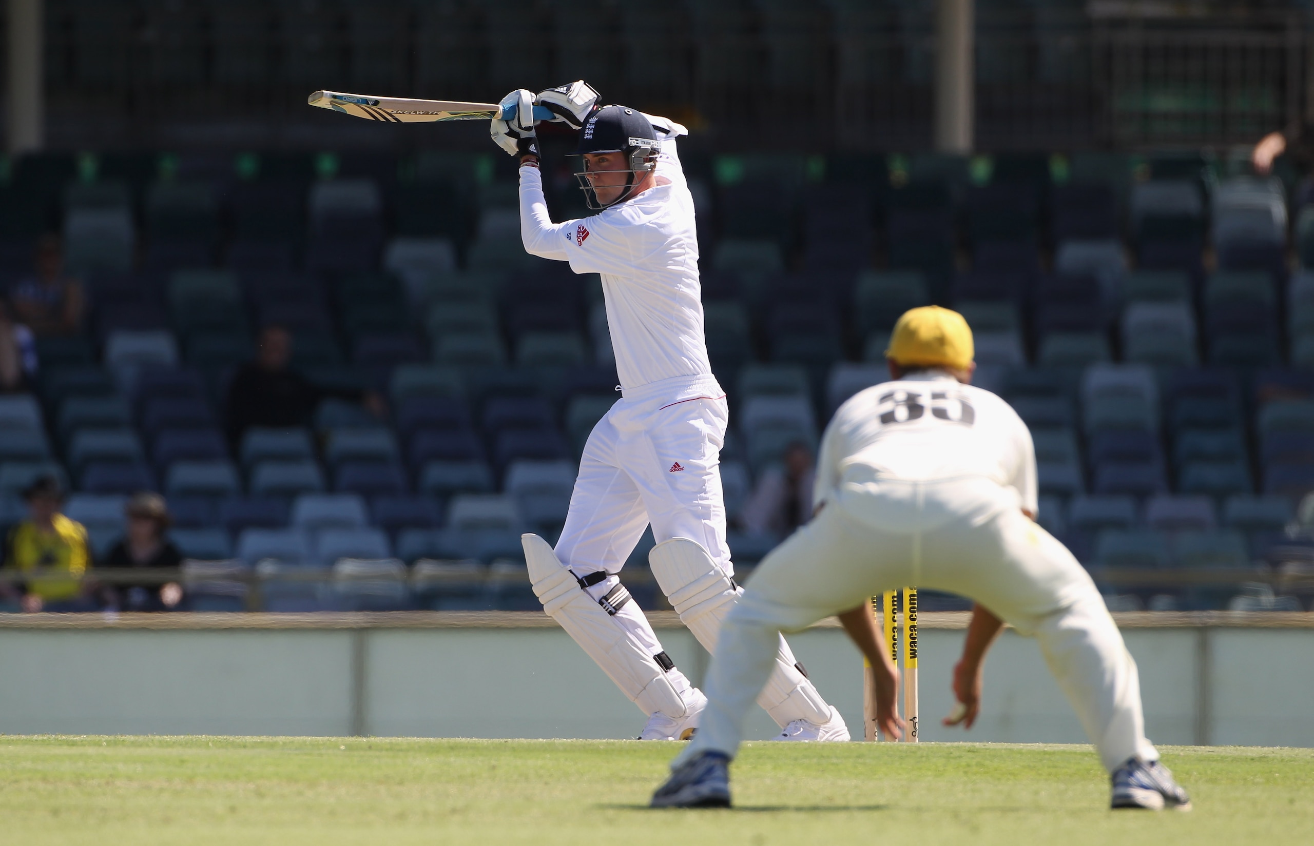 PERTH, AUSTRALIA - NOVEMBER 06:  Stuart Broad of England hits out during day two of the Tour Match between the Western Australia Warriors and England at WACA on November 6, 2010 in Perth, Australia.  (Photo by Tom Shaw/Getty Images)