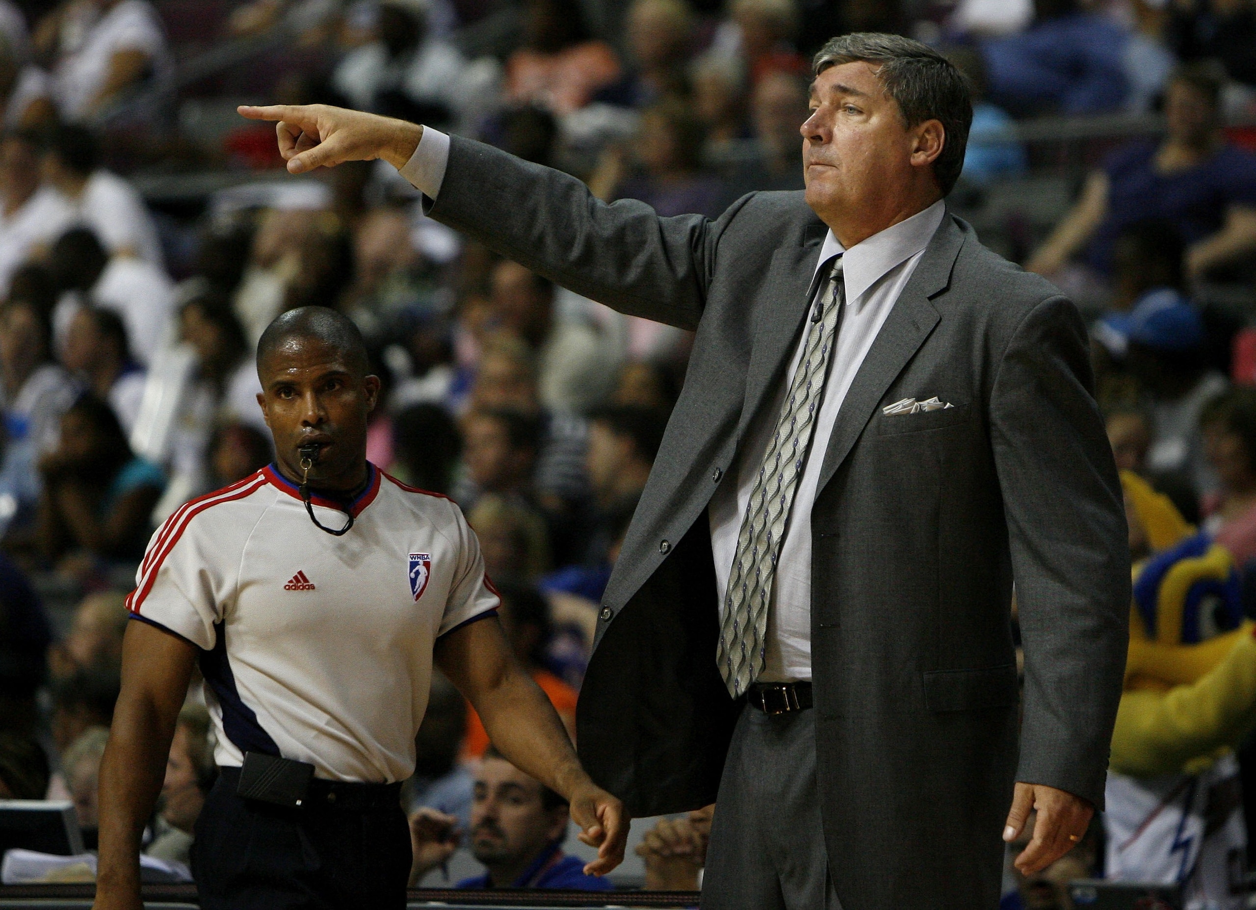 AUBURN HILLS, MI - SEPTEMBER 05: Bill Laimbeer head coach of the Detroit Shock points out something to his players during Game One of the WNBA Finals against the Phoenix Mercury at the Palace of Auburn Hills on September 5, 2007 in Auburn Hills, Michigan AUBURN HILLS, MI - SEPTEMBER 05: Bill Laimbeer head coach of the Detroit Shock points out something to his players during Game One of the WNBA Finals against the Phoenix Mercury at the Palace of Auburn Hills on September 5, 2007 in Auburn Hills, Michigan